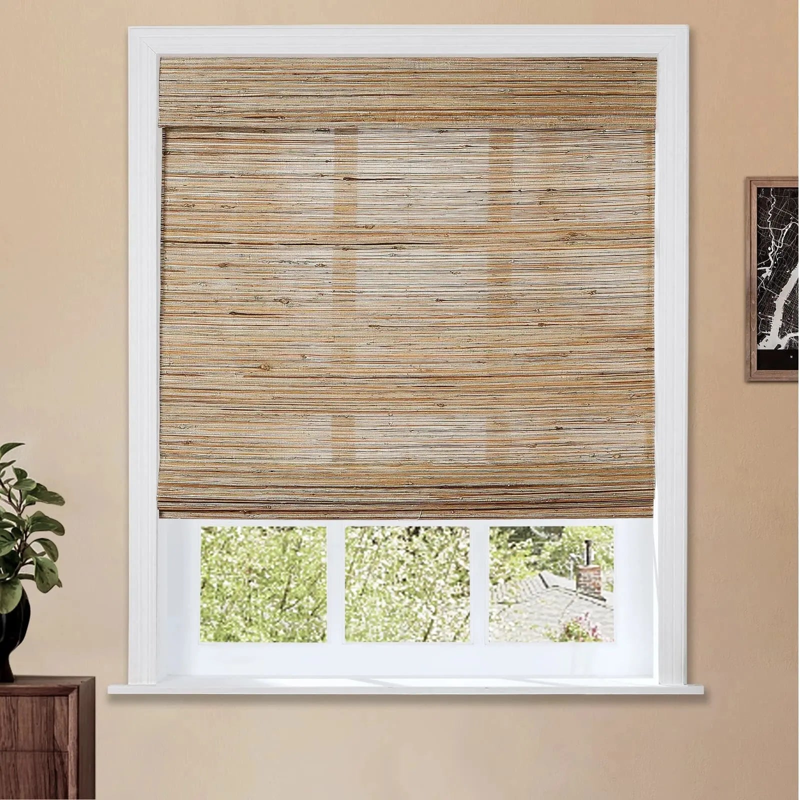 Natural Ramie Bamboo Woven Window Shade - Eco-Friendly Sun Blocking Curtain for Living Room & Bedroom - Honey Nut Color - Perfect for Home Decor & Privacy Protection