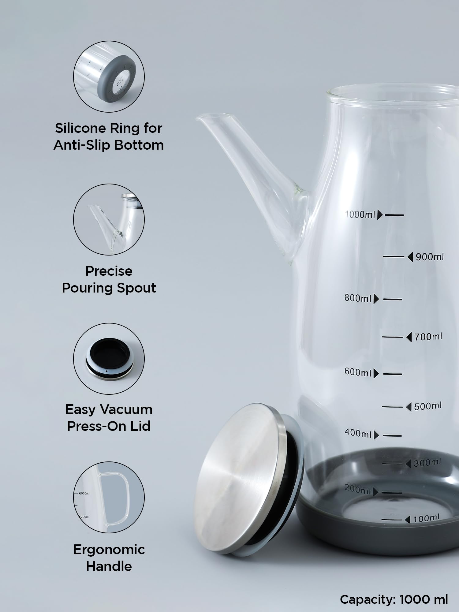 Premium 1L Glass Oil Dispenser Bottle with Cap & Handle - Borosilicate Kitchen Oil Container, Spill-Proof & Food Grade - Perfect for Olive Oil, Vinegar & Cooking Oils - Ideal for Restaurants, Home Kitchens & Gourmet Cooking