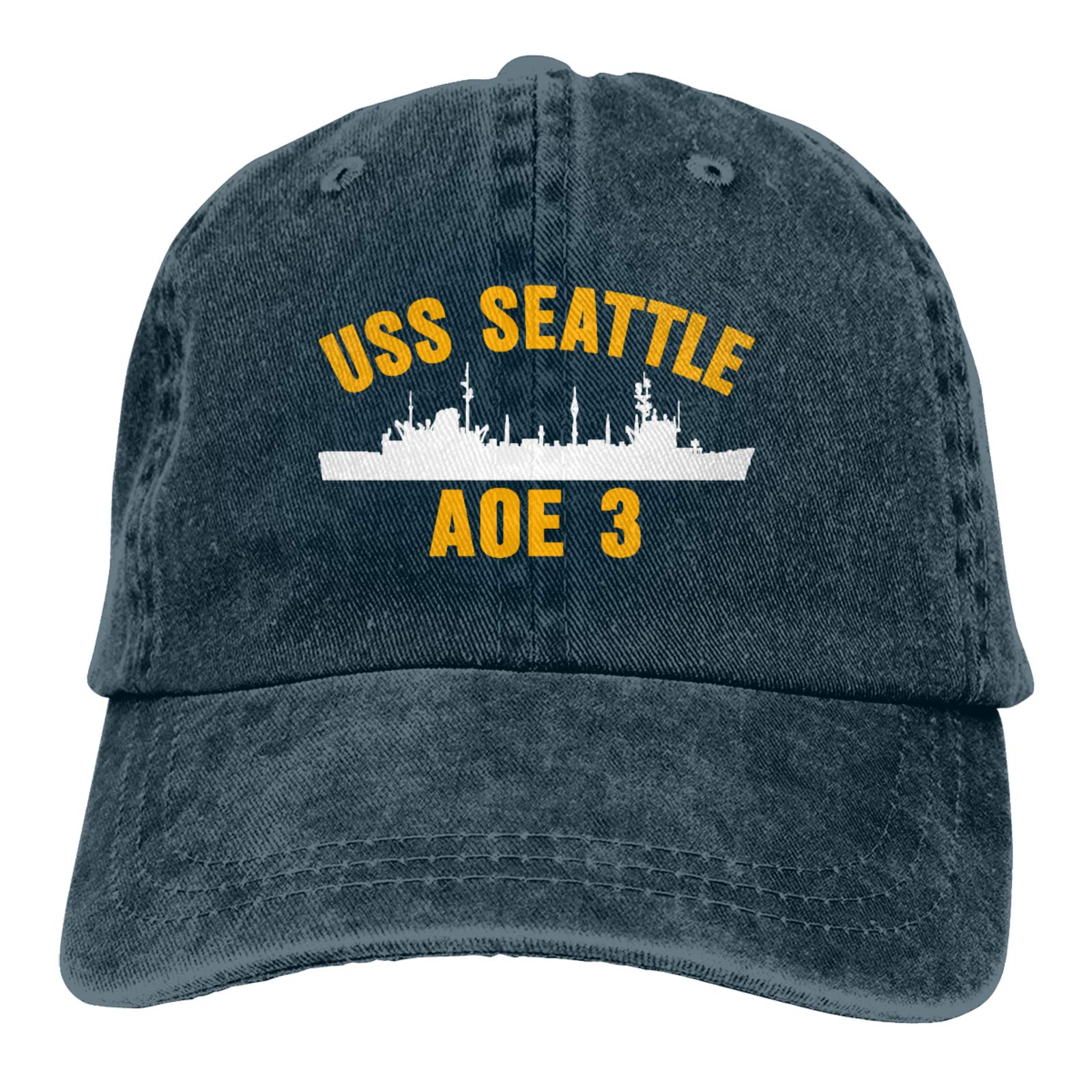 USS Seattle AOE-3 Navy Baseball Cap - Vintage Denim Dad Hat for Men - Adjustable Plain Fit Unstructured Hat for Military Enthusiasts & Patriotic Fashion - Perfect for Veterans Day, Navy Events & Casual Outfits