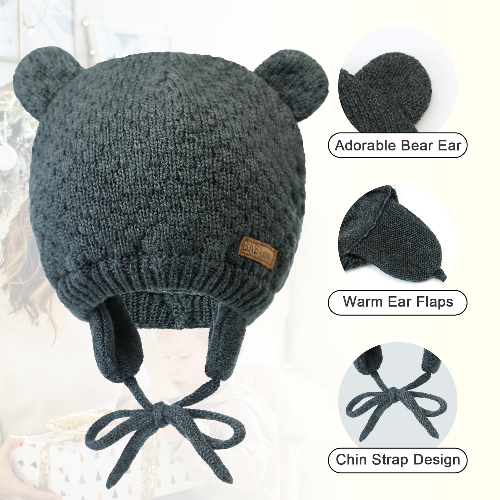 XIAOHAWANG Baby Hat - Cute Bear Earflap Beanie for Toddlers, Warm Winter Hat for Boys & Girls, Soft Knit Hat for Fall & Winter Outdoor Activities