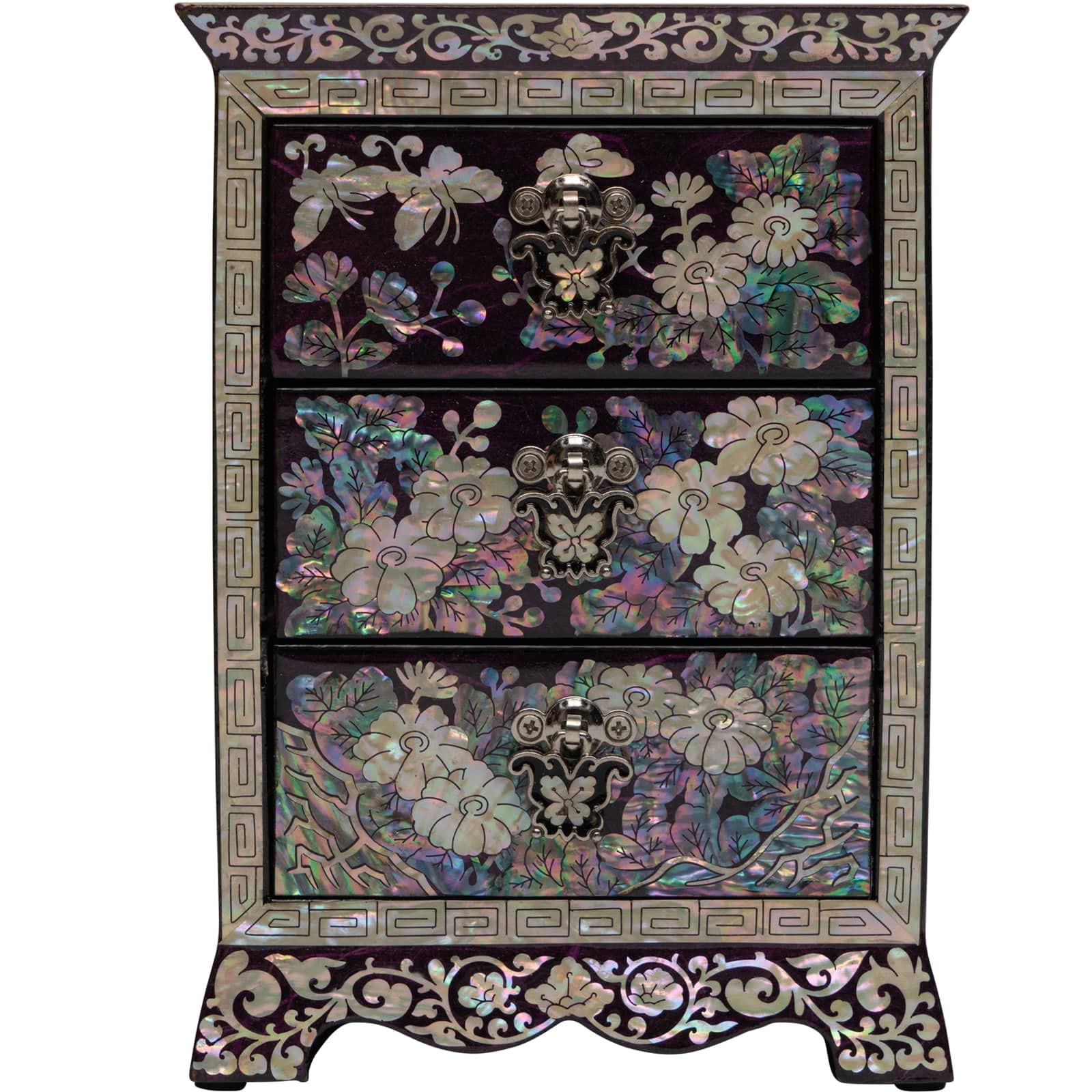 February Mountain Mother of Pearl Wooden Jewelry Box - 3 Drawer Organizer for Necklaces, Earrings, Bracelets & Rings - Elegant Purple Storage Case | Perfect for Bedroom Vanity, Travel & Gift Giving