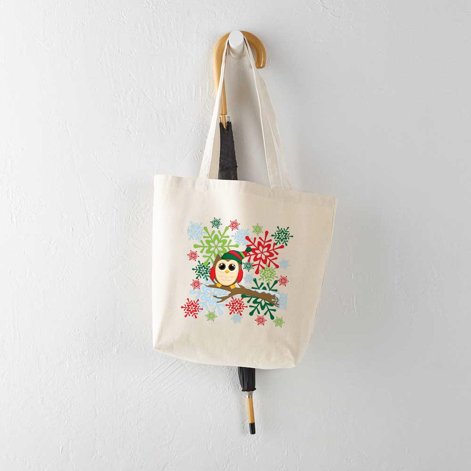 Christmas Owl Tote Bag - Natural Canvas Reusable Shopping Bag for Holiday Gifts, Groceries & Eco-Friendly Lifestyle