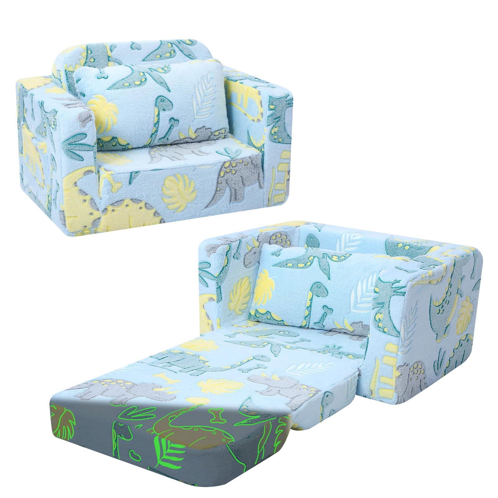 Foldable Kids Couch Bed Dinosaur - Convertible Toddler Sofa Chair for 1-3 Year Old Boys Girls | Soft Baby Recliner Lounger Play Furniture (Blue) | Perfect for Playroom, Nursery, Travel & Indoor Playtime