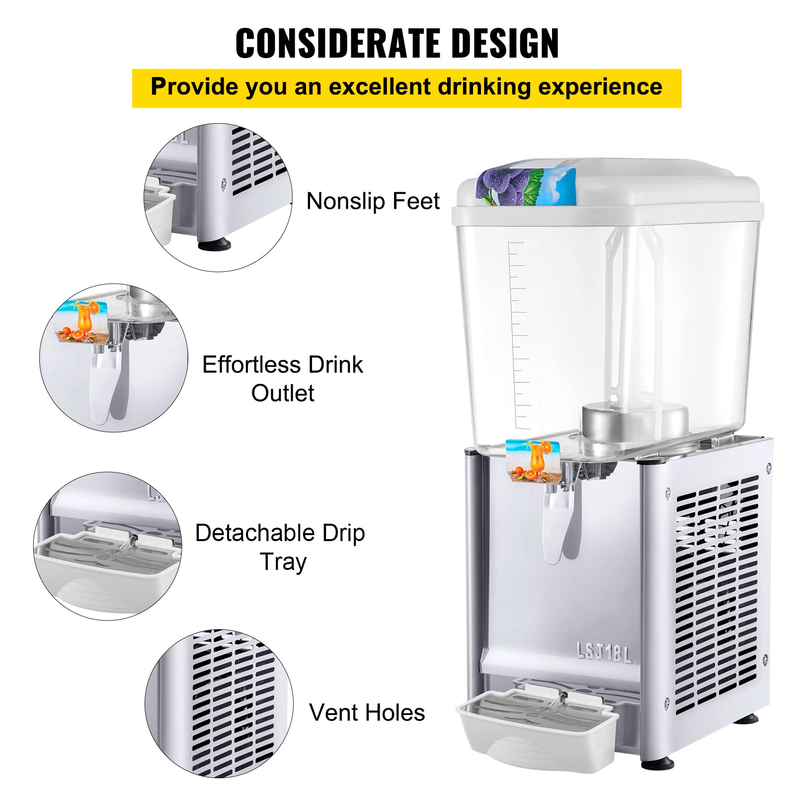 VEVOR 110V Commercial Beverage Dispenser, 4.8 Gallon (18L) Stainless Steel Juice & Iced Tea Dispenser with Thermostat Control - 200W Food-Grade Drink Dispenser for Restaurants, Cafes, and Catering Events