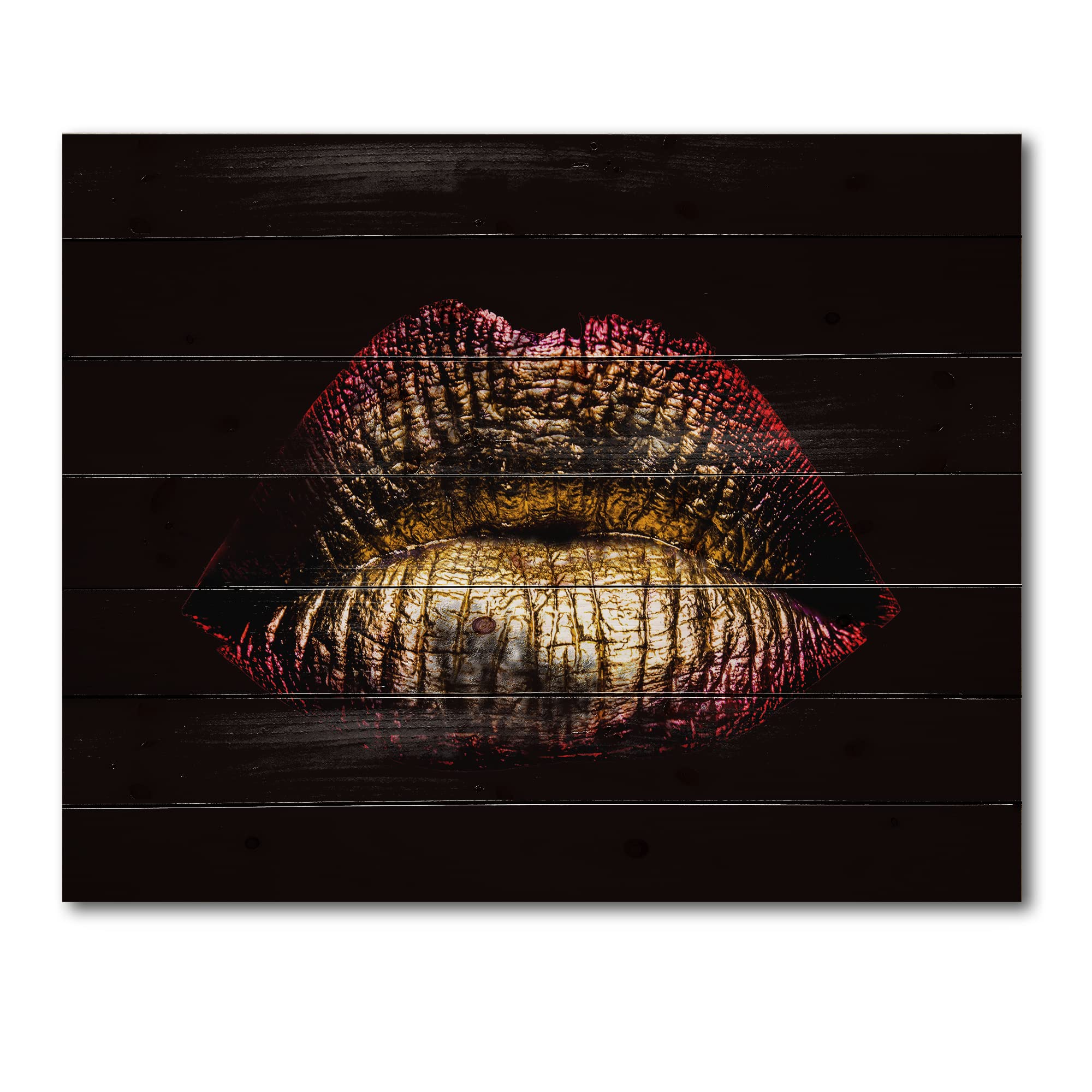 Golden Lips Wood Wall Art - Modern Metallic Decor for Living Room