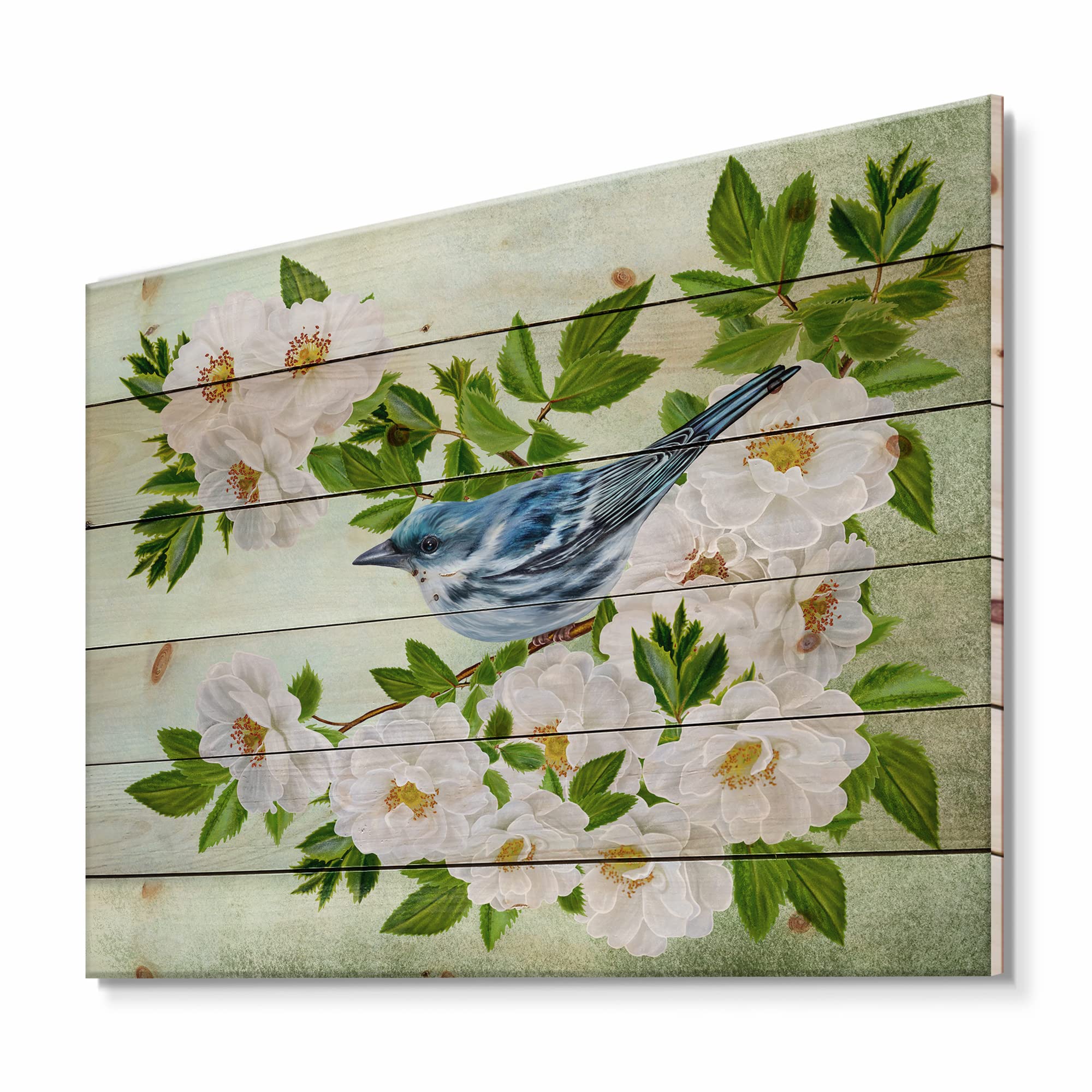 Little Blue Bird on White Rose Wood Wall Decor - Pine Wood Art for Living Room