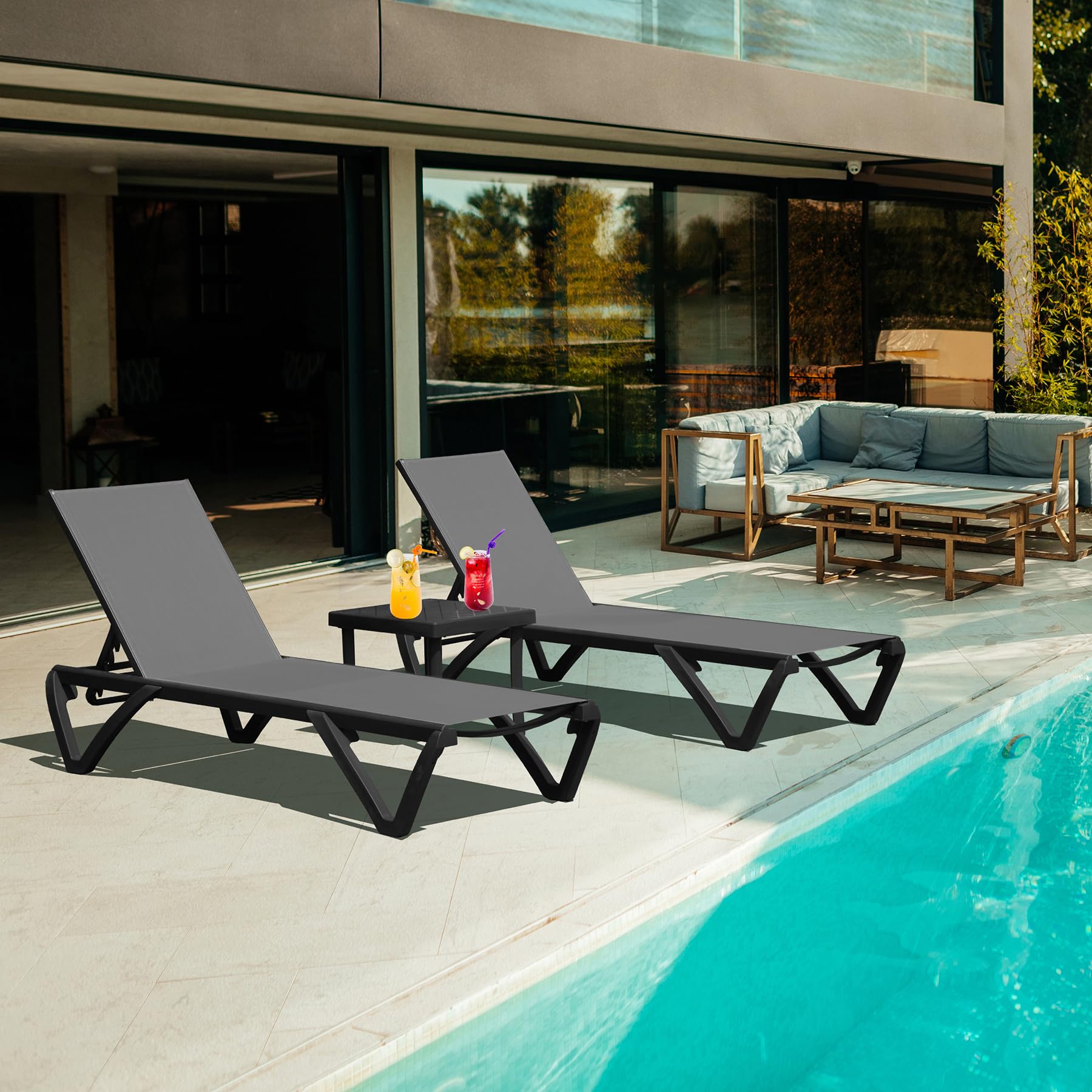 Domi 3-Piece Adjustable Aluminum Pool Lounge Chairs with Wheels & Table - Outdoor Chaise for Deck, Patio, Backyard - All-Weather Textilene Gray