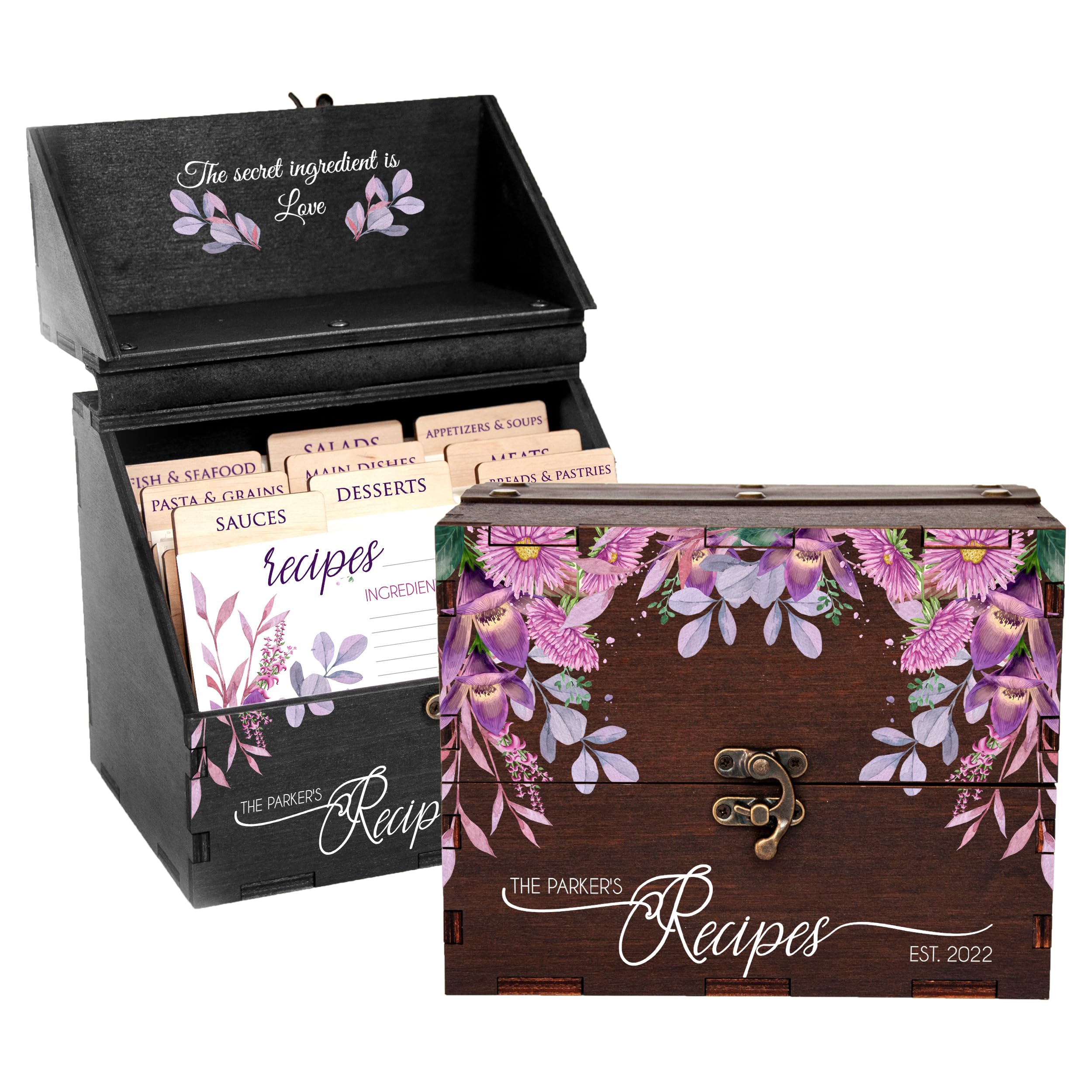 Personalized Wooden Recipe Box with Dividers & Recipe Cards - Floral Design Recipe Organizer - Anniversary Gift for Wife, Bridal Shower Gift for Daughter - Perfect for Kitchen Organization & Family Recipe Storage