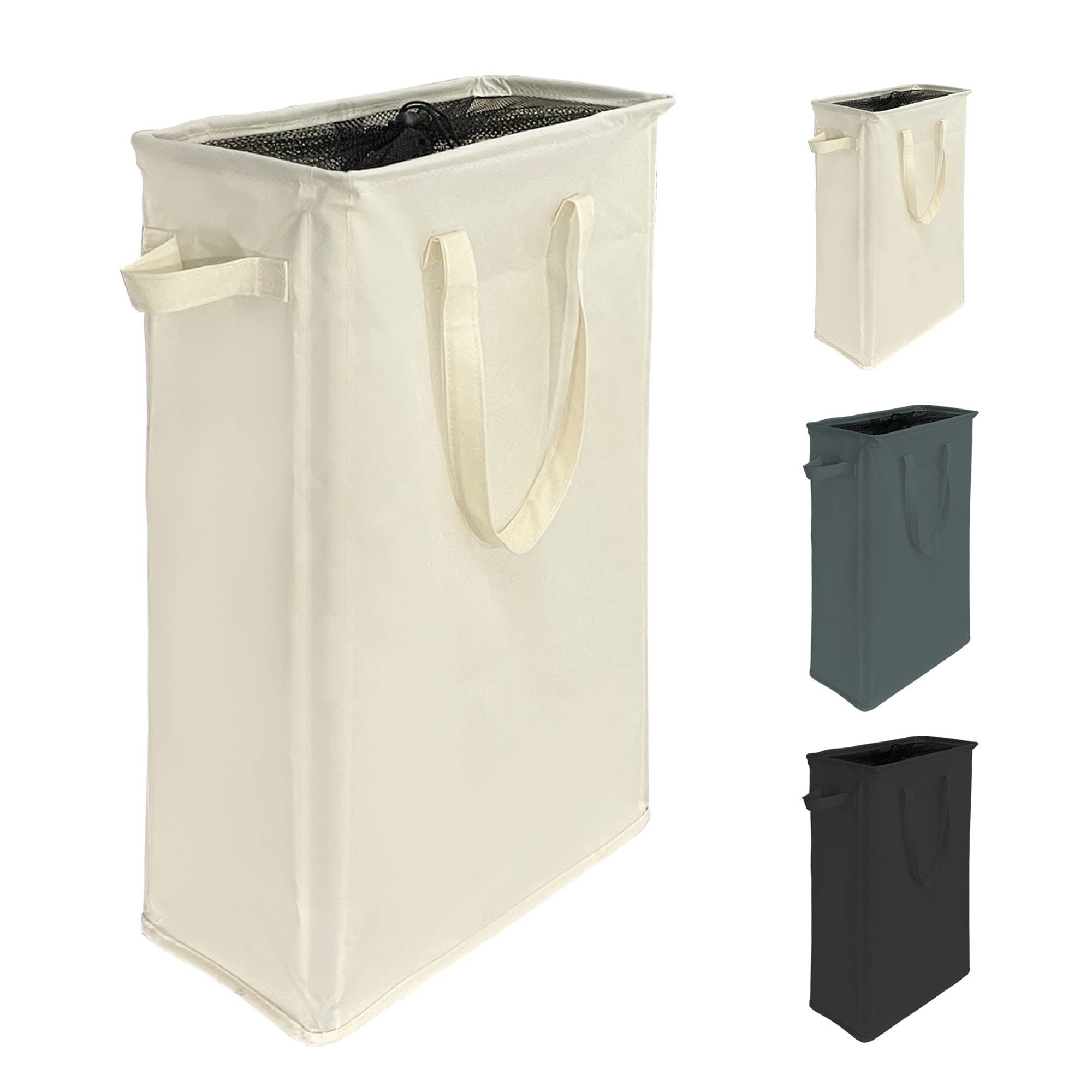 24 Inch Slim Large Collapsible Fabric Laundry Hamper - Tall Thin Space Saving Laundry Basket with Handles for Dirty Clothes - Perfect for Small Spaces, Bedrooms, Closets & Laundry Rooms (Beige)