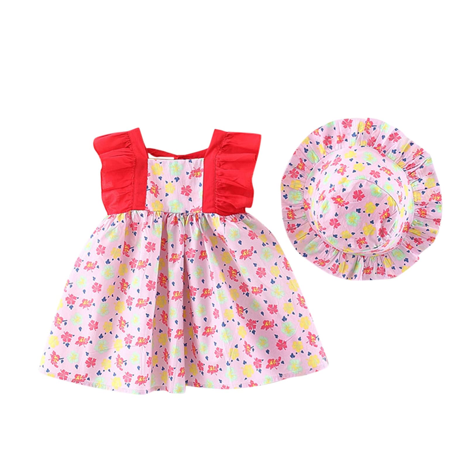 Girls Summer Dress Set - Sleeveless Floral Ruffles Baby Princess Dress & Hat for Toddler Vacation | Perfect for Beach, Party & Outdoor Play