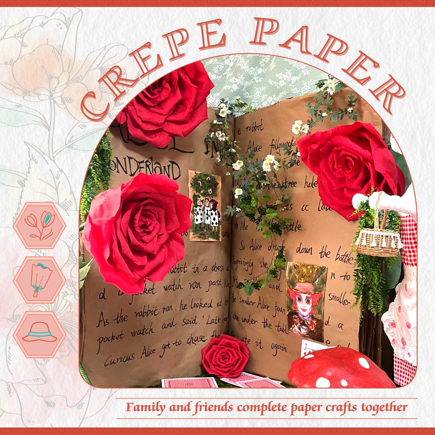 6 Rolls Red Crepe Paper Streamers (10 Inch Wide) - Floral Tape & Stem Wire Included - DIY Flower Making Kit for Weddings, Parties, Festivals & Home Decor Crafts