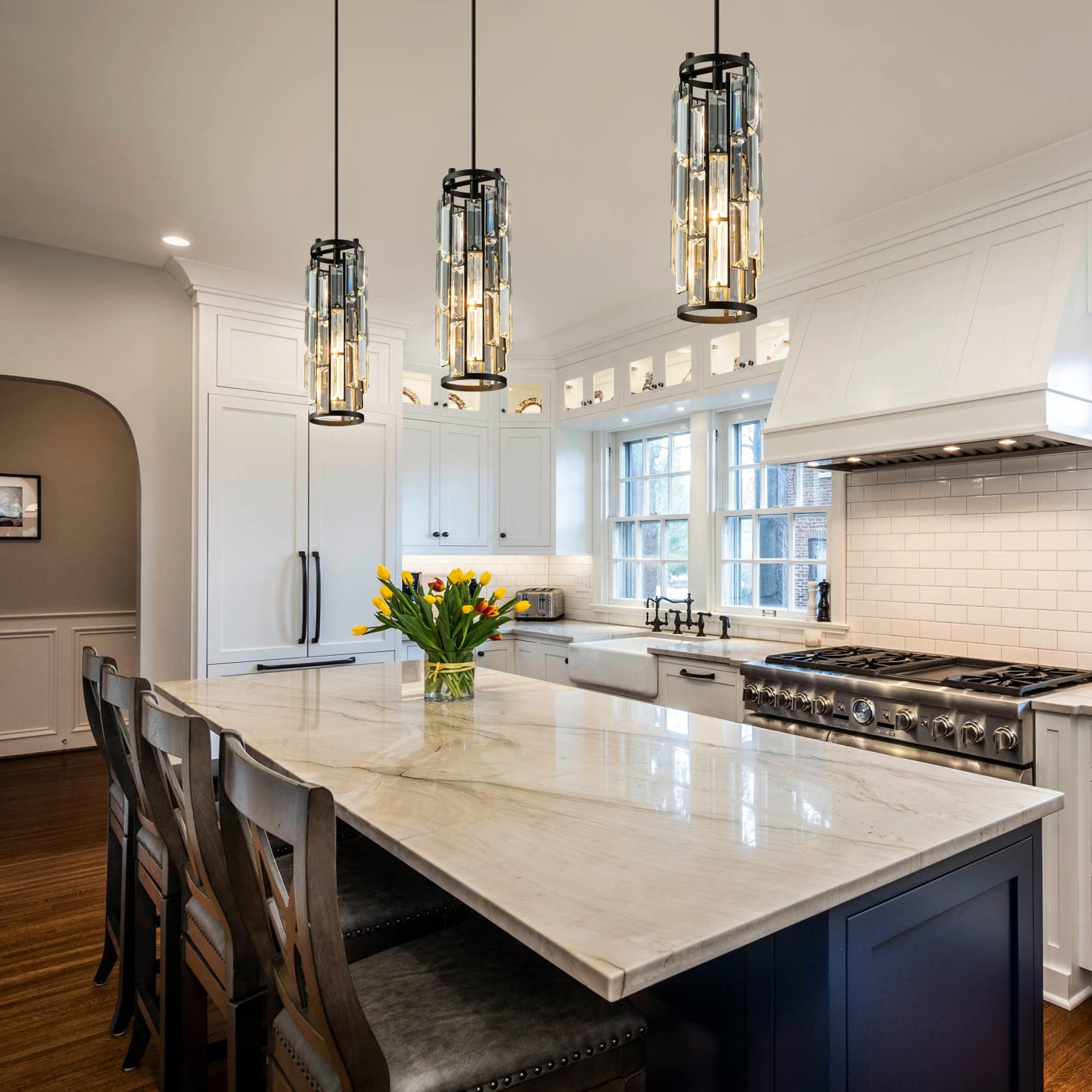LMQNINE Modern Black Mini Crystal Chandelier Pendant Lights - 3 Pack, Elegant Hanging Lighting Fixture for Kitchen Island, Dining Room, Bedroom, Bathroom & Kitchen Sink - Perfect for Home Decor and Interior Design
