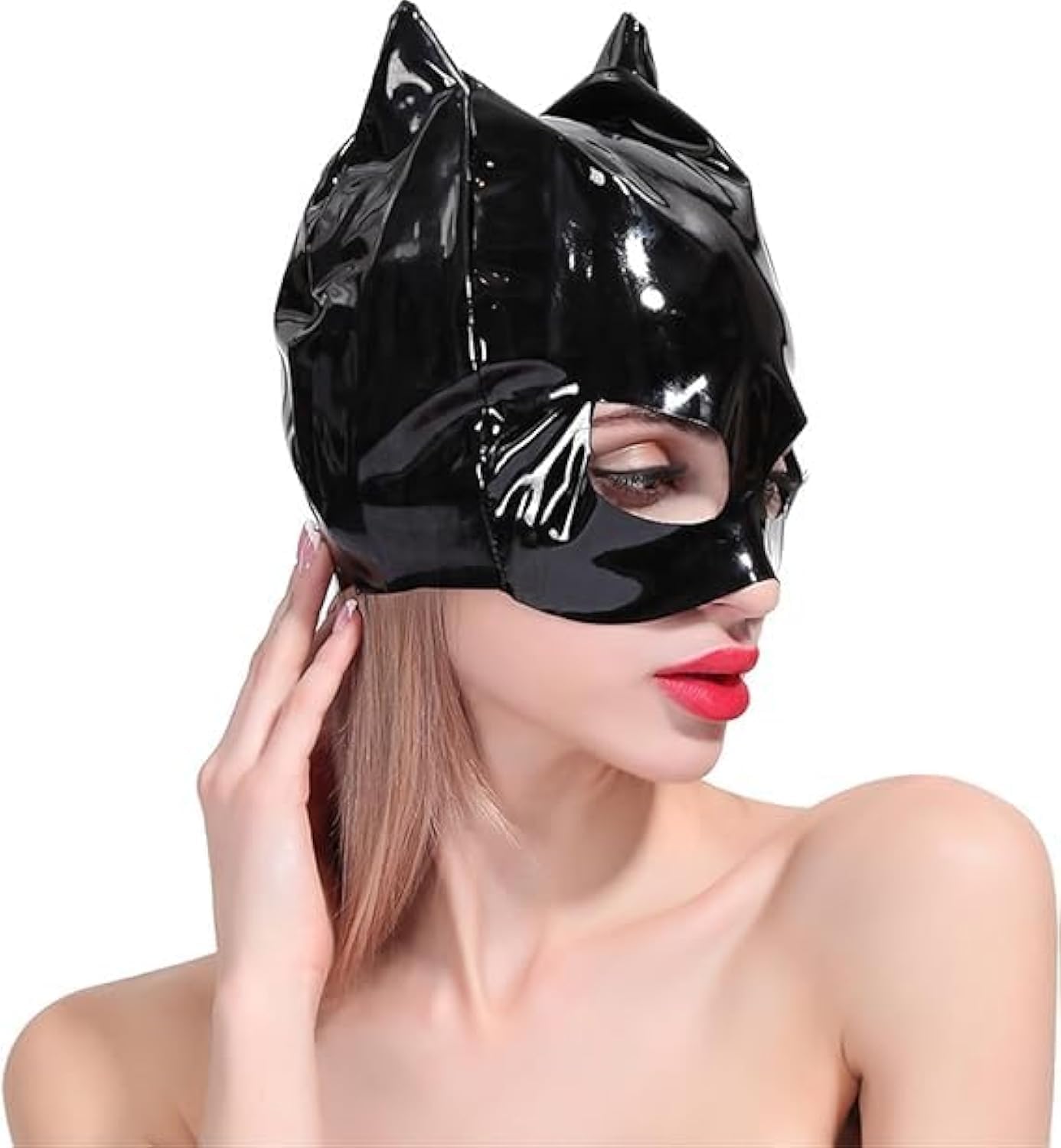 Sexy Latex Cat Mask for Women - Half Face Hood with Eye Openings - Fetish, Cosplay & Club Wear - Perfect for BDSM, Role Play & Halloween Costumes