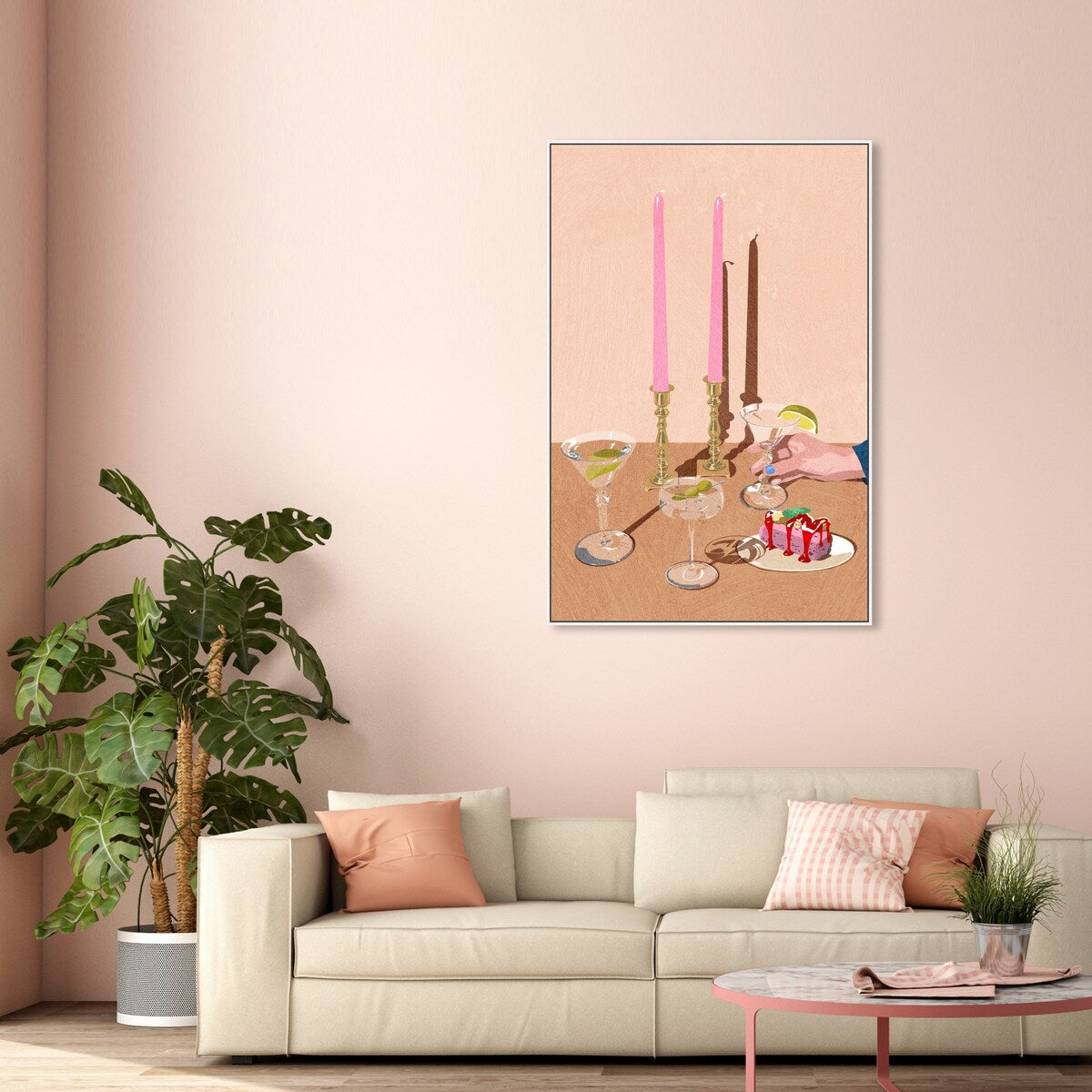 Elegant Pink Framed Canvas Wall Art Print - Modern Dessert & Drink Theme for Dining Room Decor | Perfect for Kitchen, Living Room, and Home Decoration