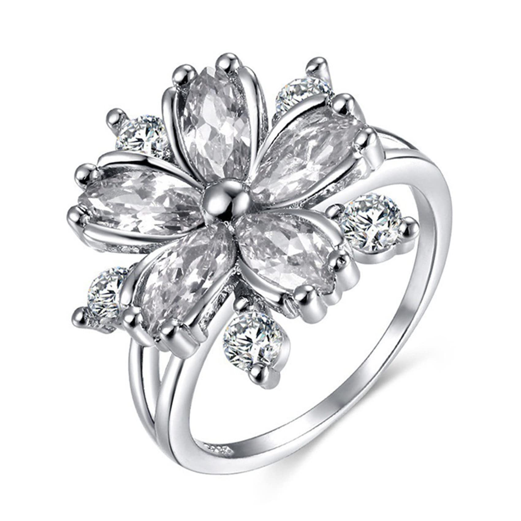Guoshang Women's Pink Crystal Flower Ring - Silver CZ Floral Statement Ring Size 7 | Elegant Jewelry for Parties, Weddings & Special Occasions