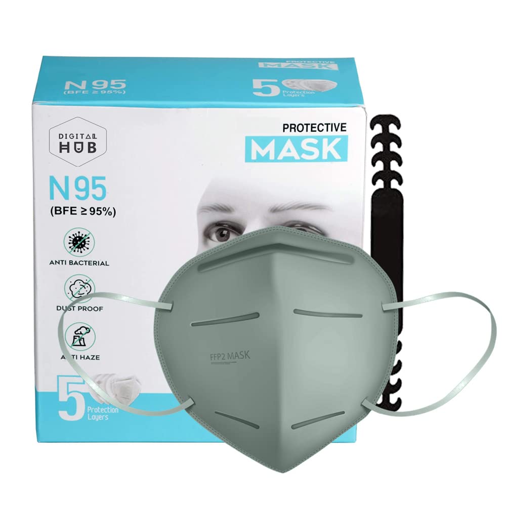 DH FF2 Washable & Reusable N95/FF2 Face Mask - 5-Layer Premium Protection with Melt Blown & Hot Air Cotton - ISO Certified (5-Pack, Light Grey) - Ideal for Work, Travel & Daily Protection