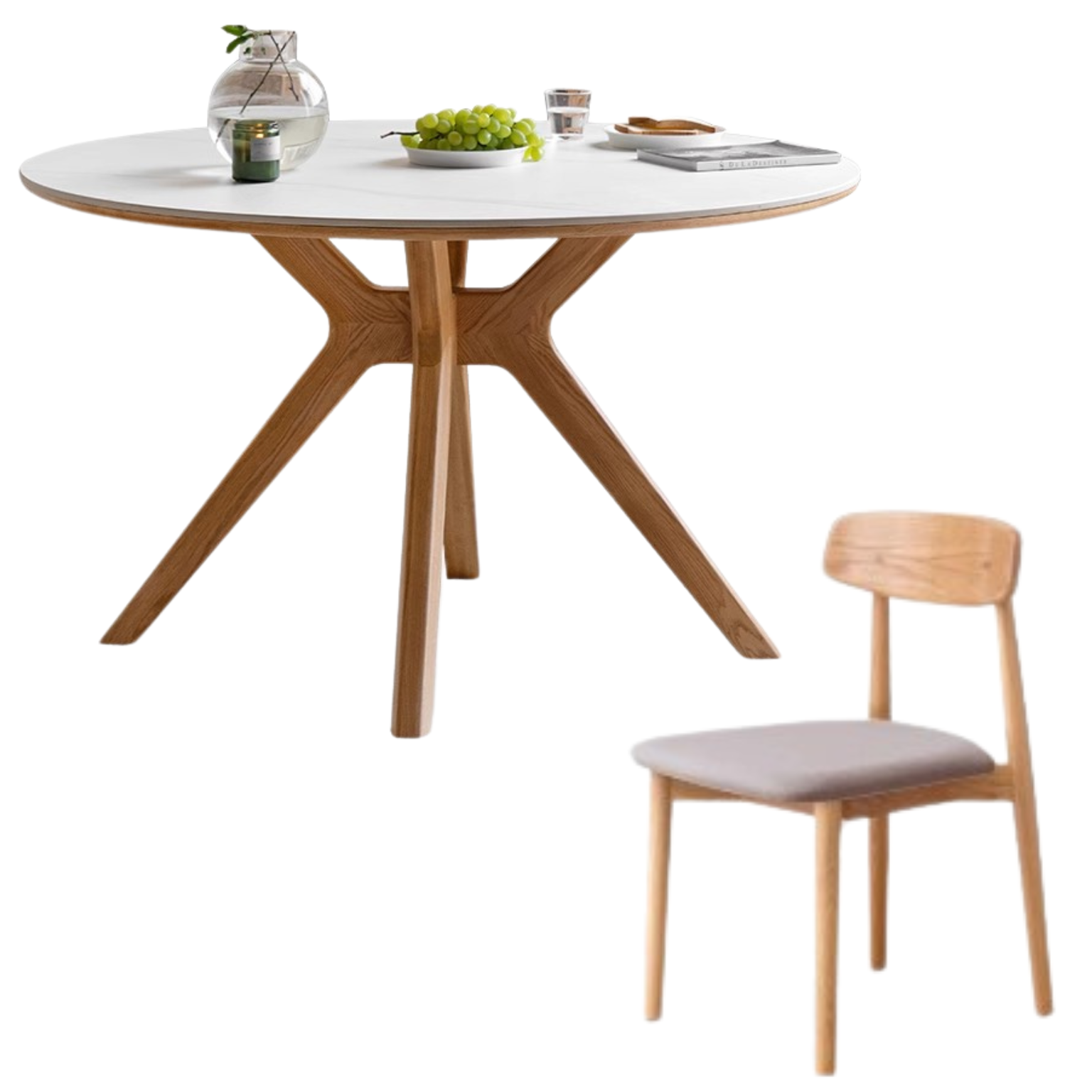 Solid Oak Wood Round Nordic Dining Table with Rock Slab Surface - Modern Farmhouse Kitchen & Dining Room Furniture for Family Gatherings