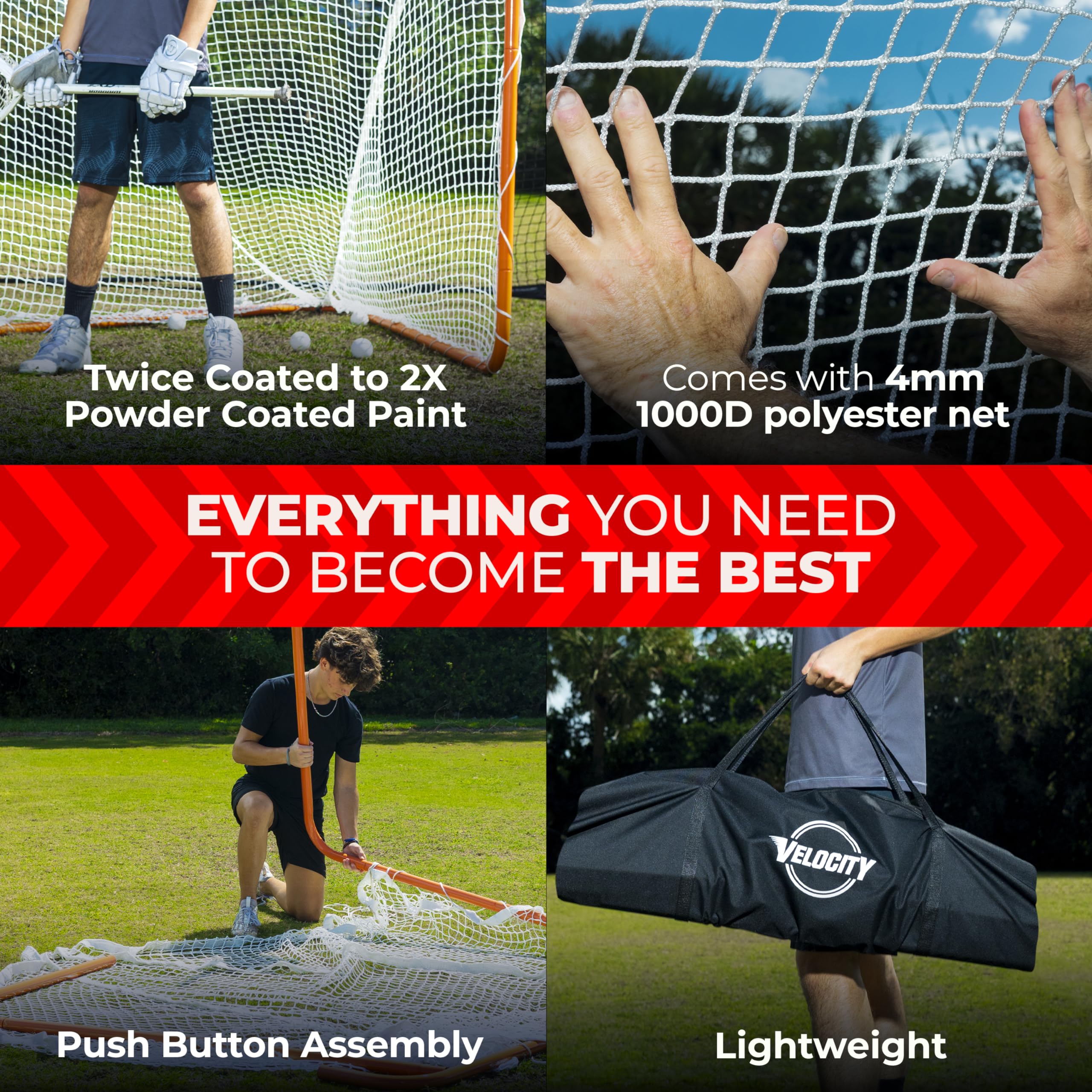 Velocity Lacrosse Goal - Portable Steel Frame with Black Net for Youth & Adult Training | Backyard, Field, Practice & Game Use | Durable & Easy Setup