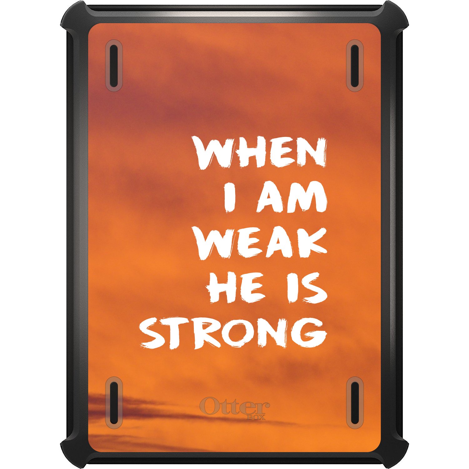 DistinctInk Protective Case for iPad Mini 5 (5th Generation 2019) - Black Replacement Cover with Stand Compatible with OtterBox Defender - Christian Faith Design 'When I Am Weak, He is Strong' - Perfect for Daily Use, Travel & Bible Study