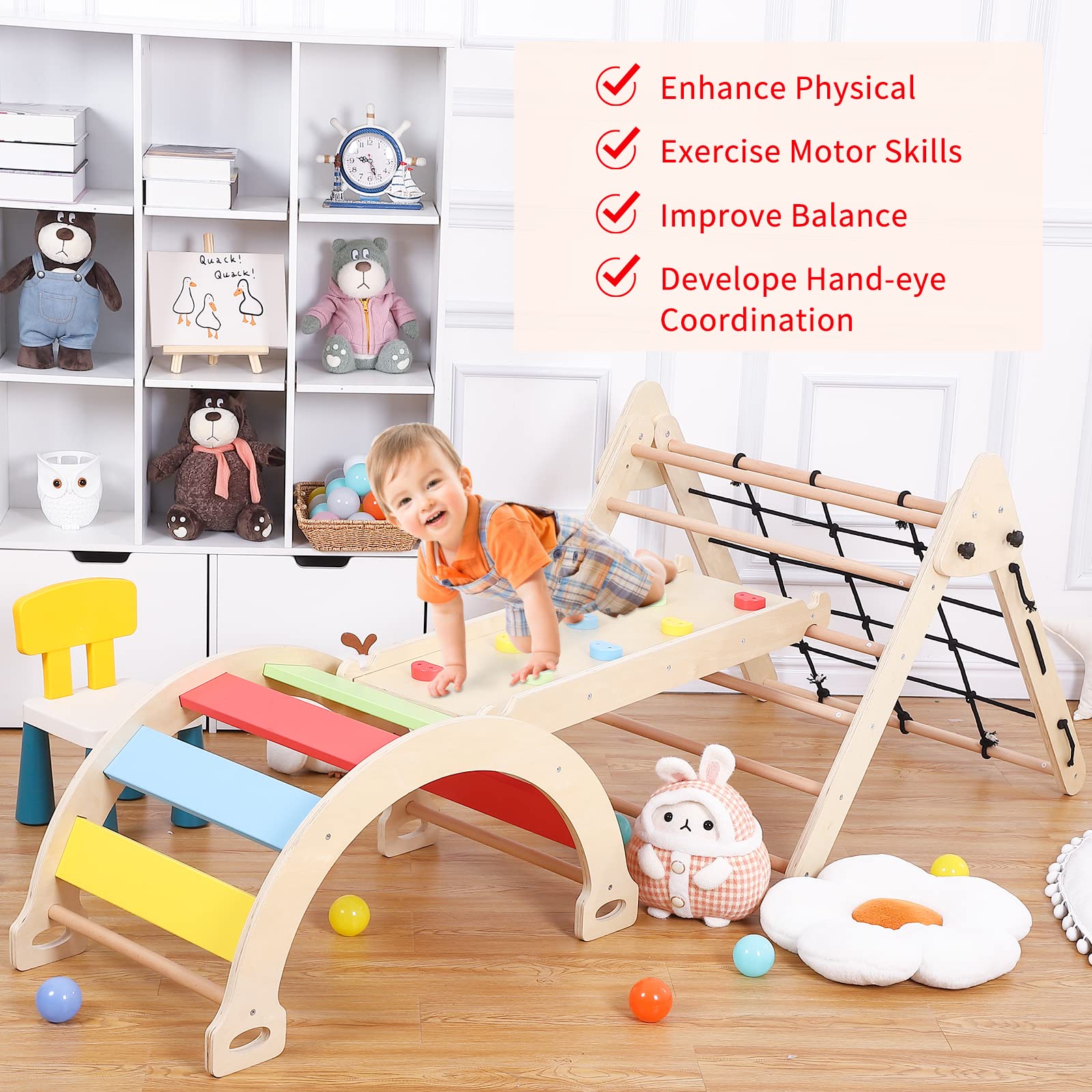3-Piece Wooden Toddler Climbing Toy Set - Foldable Triangle Gym for Indoor Play, Kids Jungle Climber with Slide - Perfect for Home Playrooms, Daycares & Montessori Learning Activities