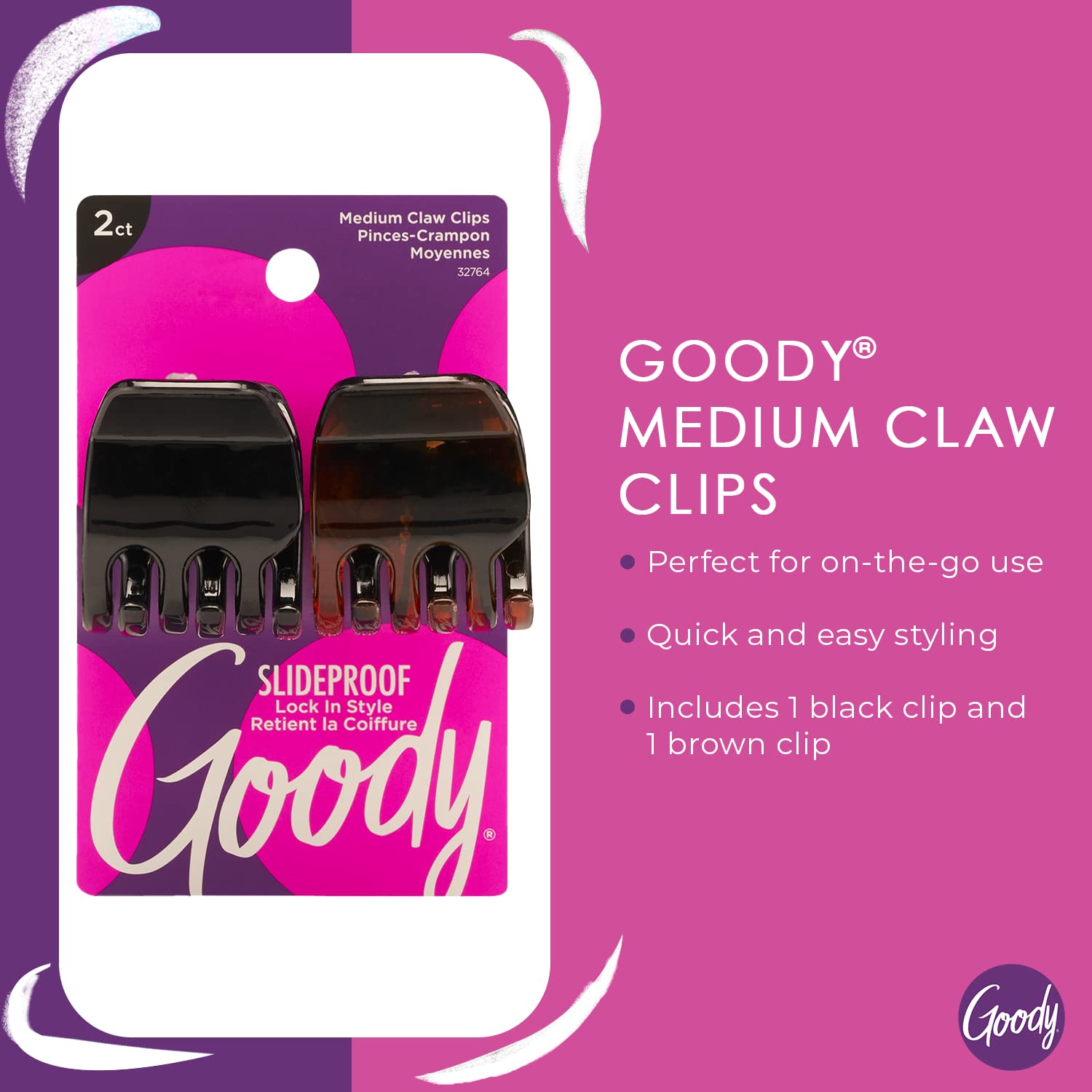 Goody Classics Medium Claw Hair Clips - 2 Pack Black & Brown Hair Clips for Women & Men - No-Pain Hair Accessories for Ponytails, Buns & Updos - Perfect for Work, Gym & Everyday Styling