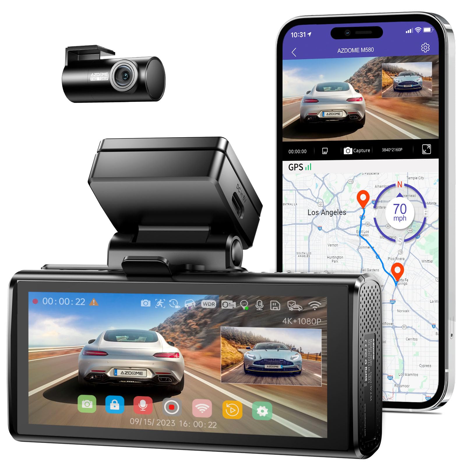 AZDOME M580 5K Dual Dash Cam with 4