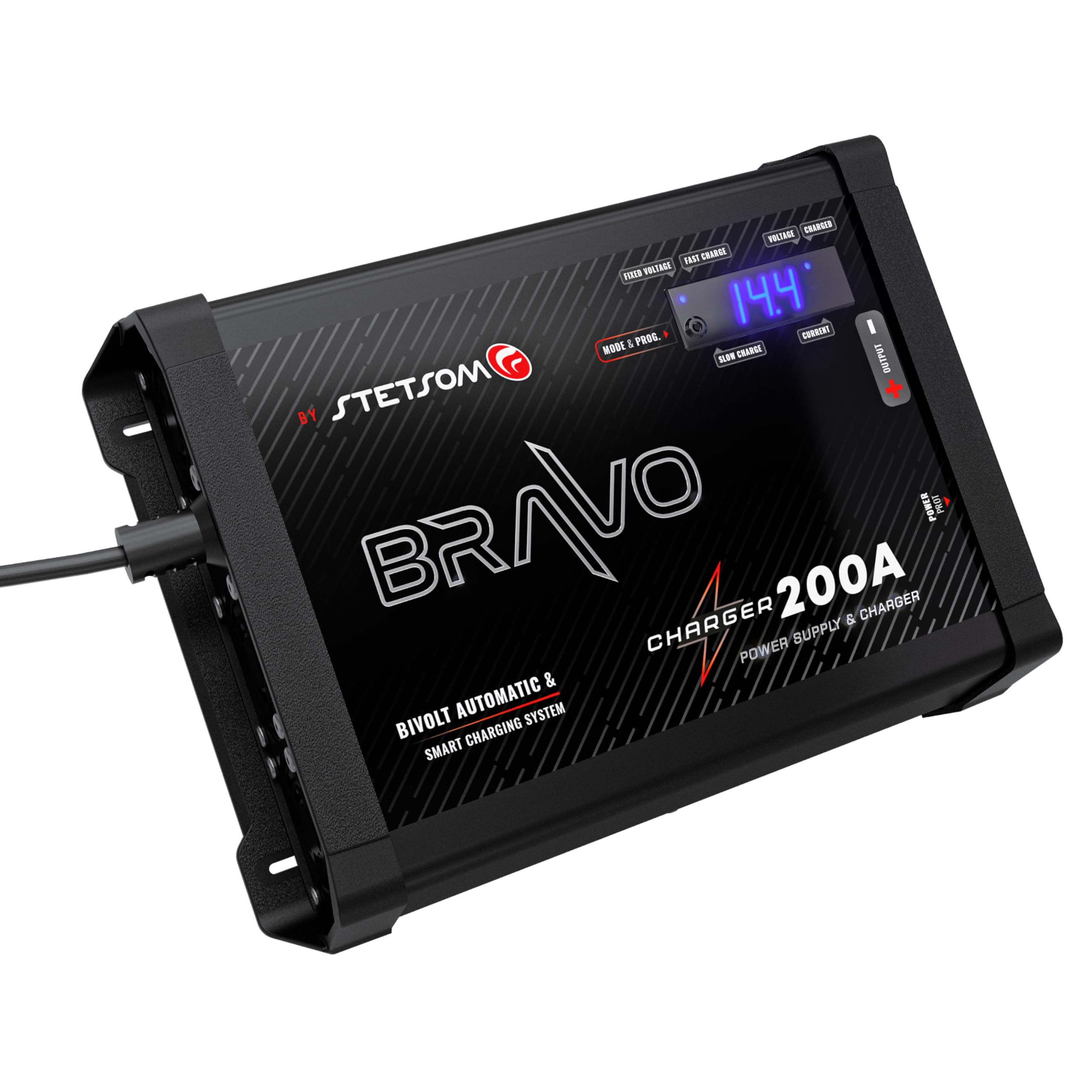Stetsom Bravo 200A PRO Bivolt Smart Battery Charger - 127V/220V AC Dual Voltage Automatic Car Audio Power Supply with Fixed/Slow/Fast Charge Modes - Perfect for Car Audio Systems, Marine Batteries & RV Power Maintenance