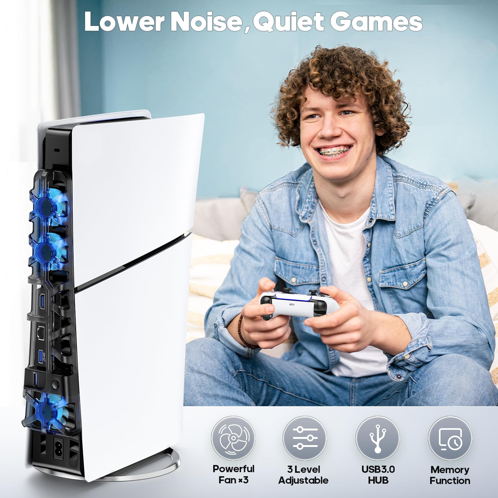 Tokluck PS5 Cooling Fan for PS5 Slim Disc & Digital Edition - 3-Speed Memory Cooling System with USB 3.0 Hub & Blue LED Lights - Perfect for Gaming Sessions and Console Protection