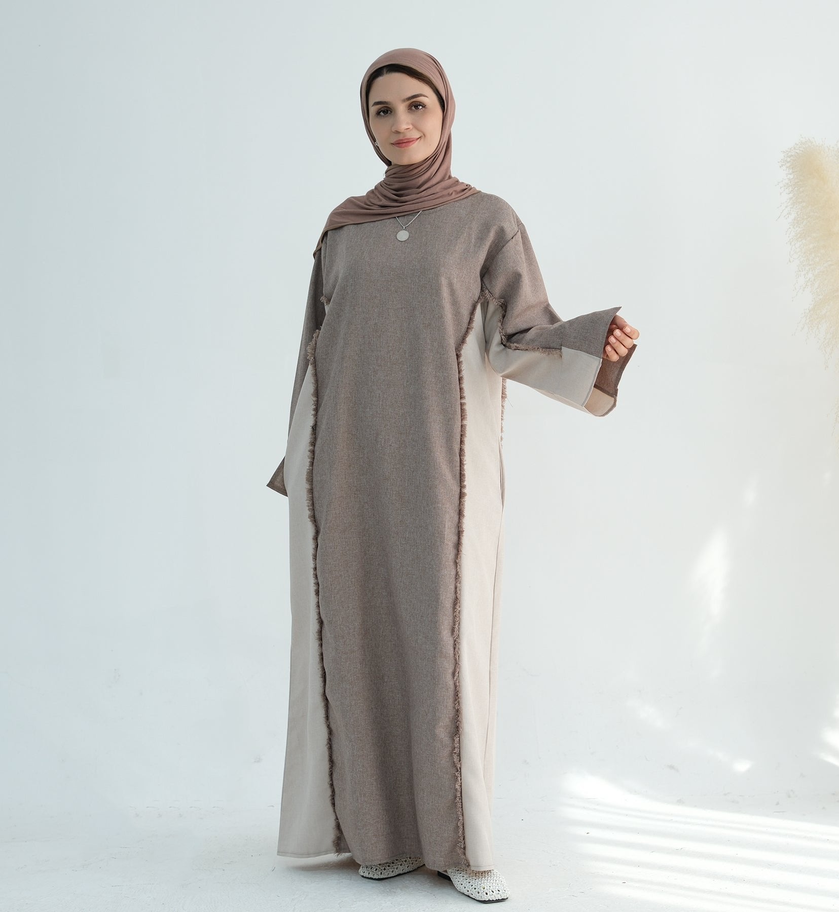 Blair Fringe Abaya Dress in Taupe - Elegant Islamic Modest Dress for Women, Perfect for Prayer, Eid, and Special Occasions
