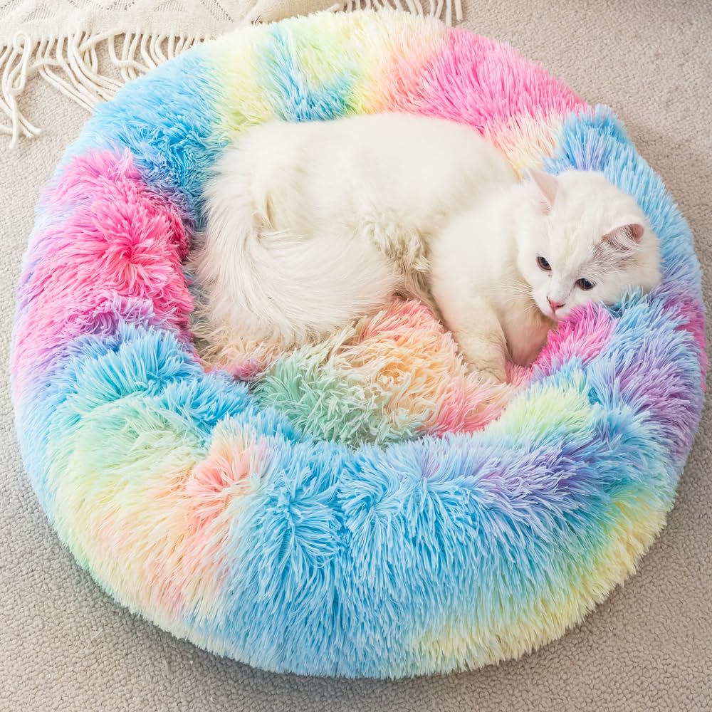 Cozy Round Donut Pet Bed for Small Cats & Dogs - Warm Fluffy Nest Bed for Kittens, Puppies & Rabbits Under 3kg - Perfect for Indoor Lounging & Nap Time