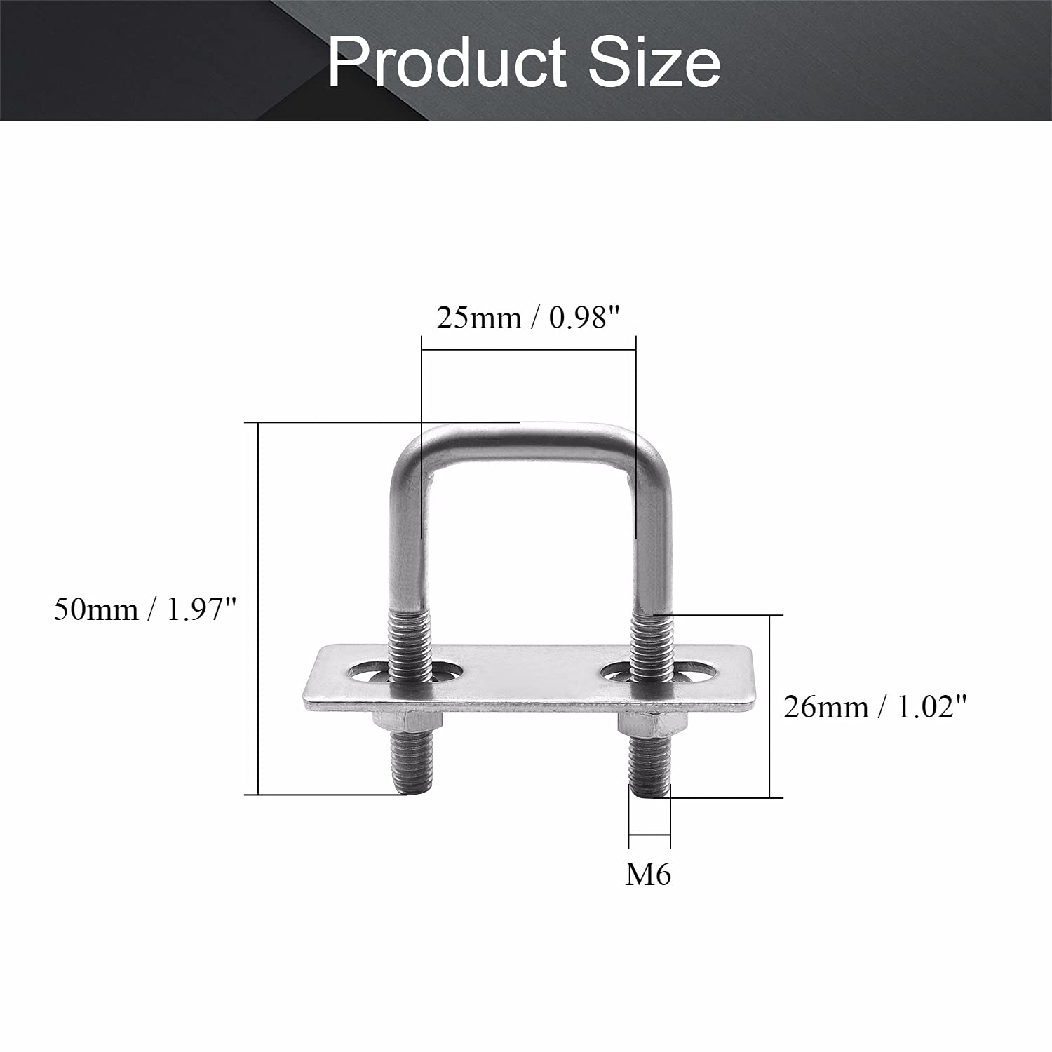 304 Stainless Steel M6 Thread Silver Square Bend U Bolts with Nuts, Washers & Frame Plate - 0.98