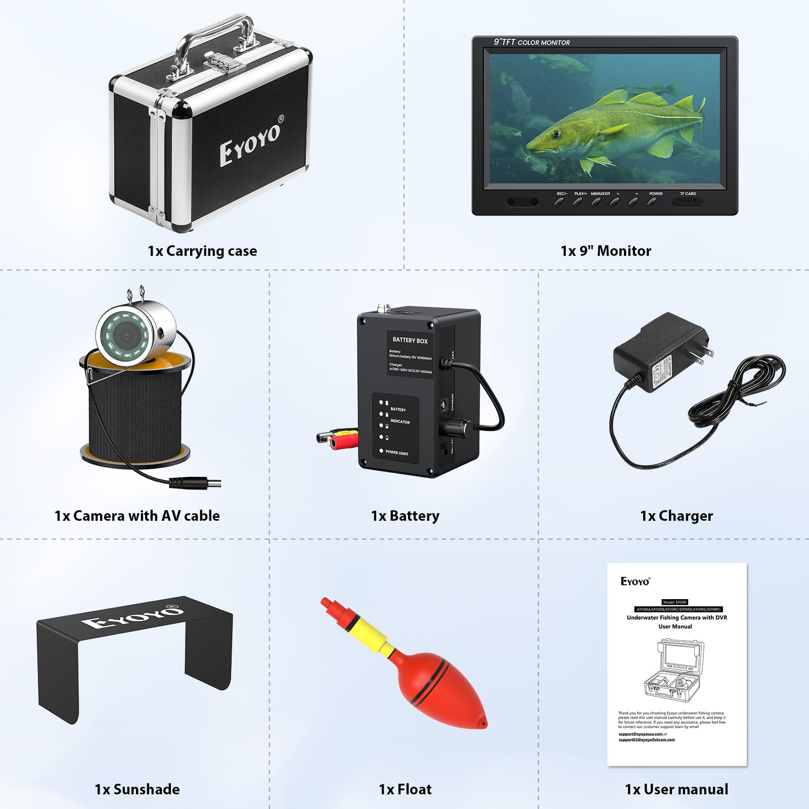 Eyoyo 9 Inch LCD Underwater Fishing Camera with 1000TVL, 15m Cable & 12 IR Lights - Portable Fish Finder for Ice, Lake, Boat Fishing - Ideal for Night Fishing, Scuba Diving & Underwater Exploration
