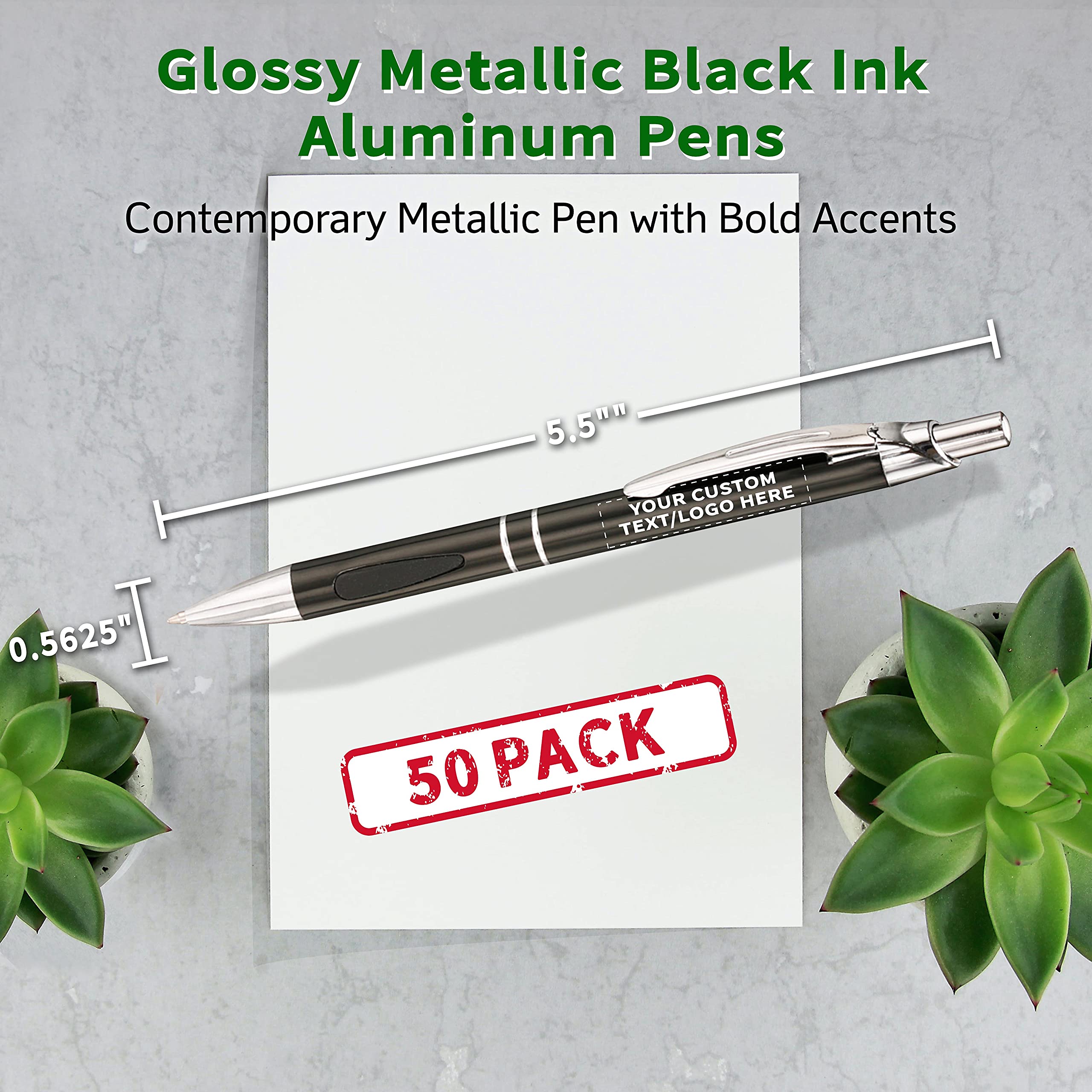 50 Pack Black Ink Metal Pens with Custom Text & Logo - Retractable Ballpoint Pens with Silver Accents - Premium Office & Business Writing Supplies for Gifts, Promotions & Corporate Branding