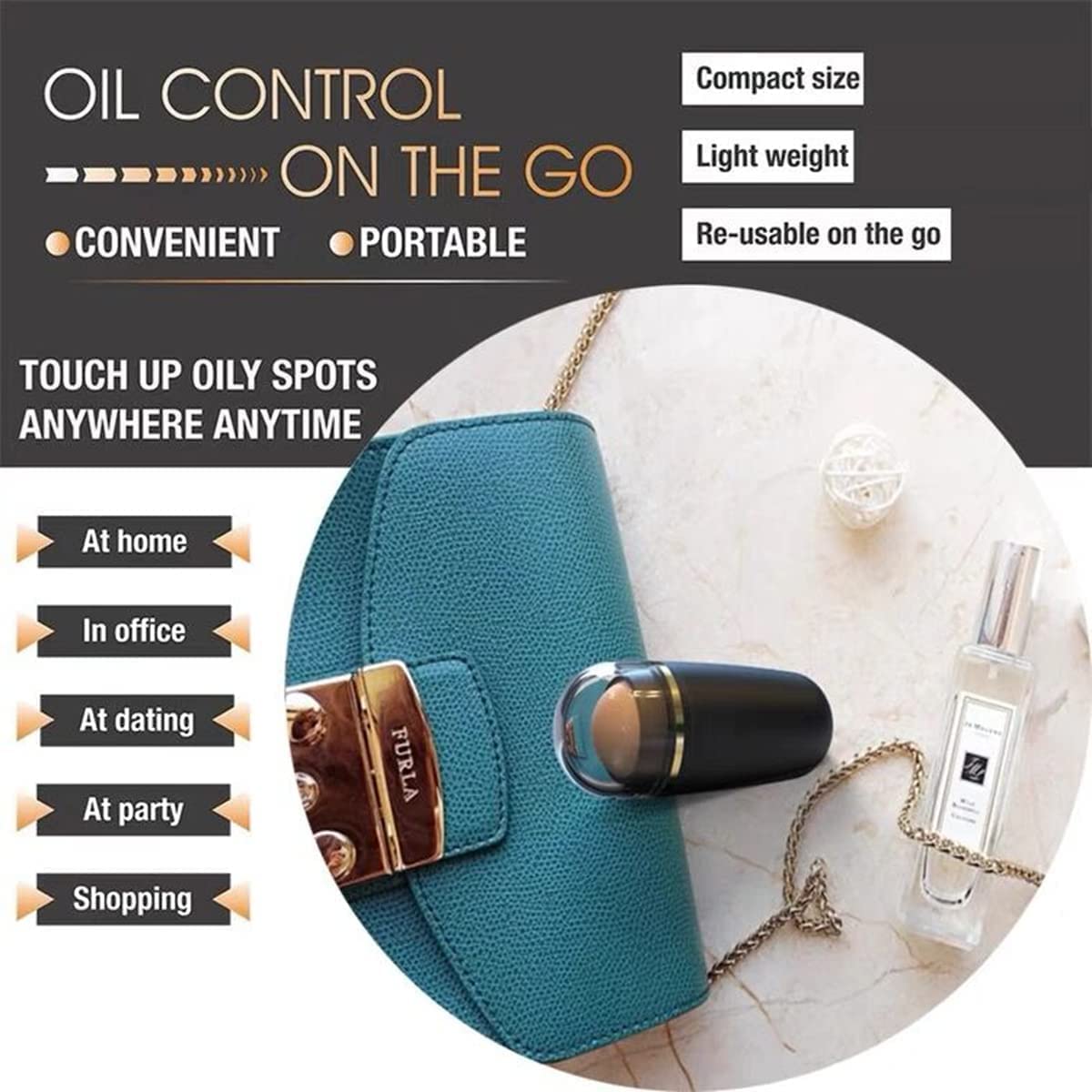 Absant Volcanic Oil Absorbing Roller - Black Facial Oil Control Stick for Oily Skin | Portable Massage Roller Tool for Face Care | Perfect for Travel, Gym & Daily Skincare Routine