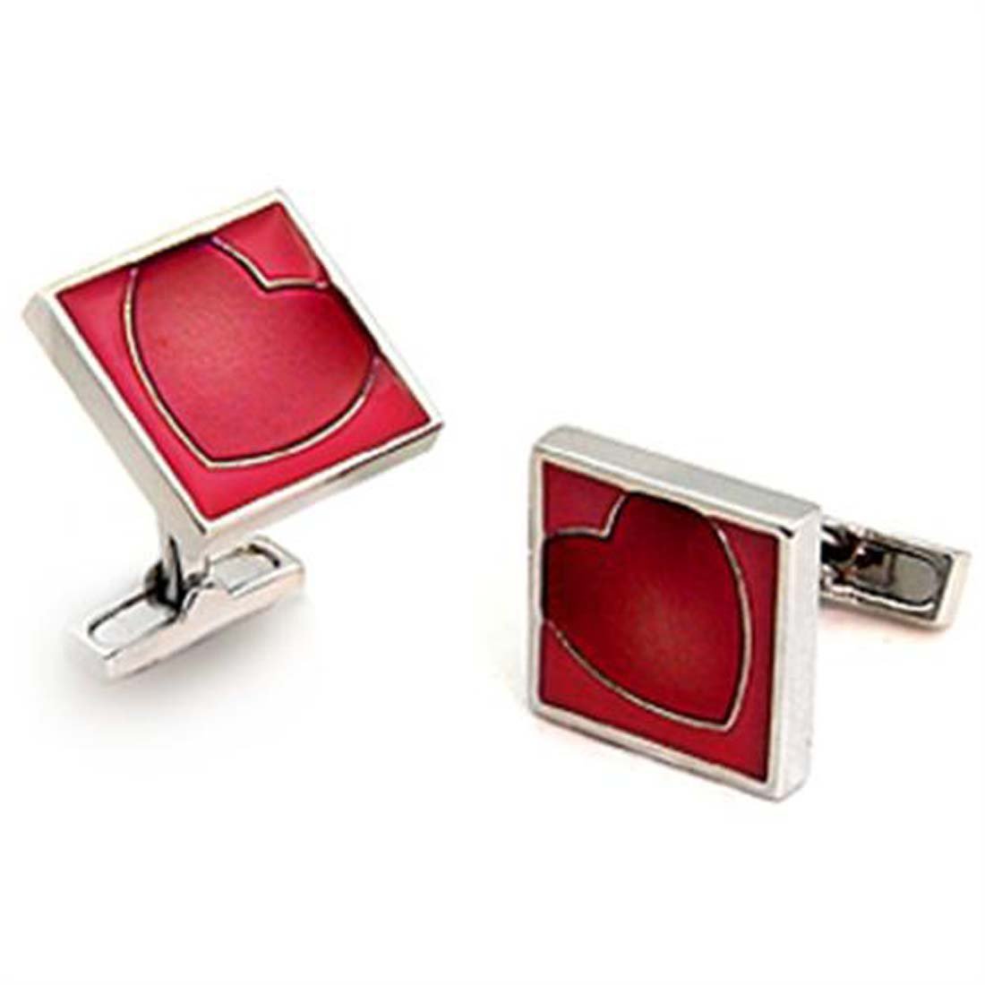 Elegant Rhodium Plated Red Square Cufflinks with Heart Inlay - Perfect for Weddings, Prom & Formal Events
