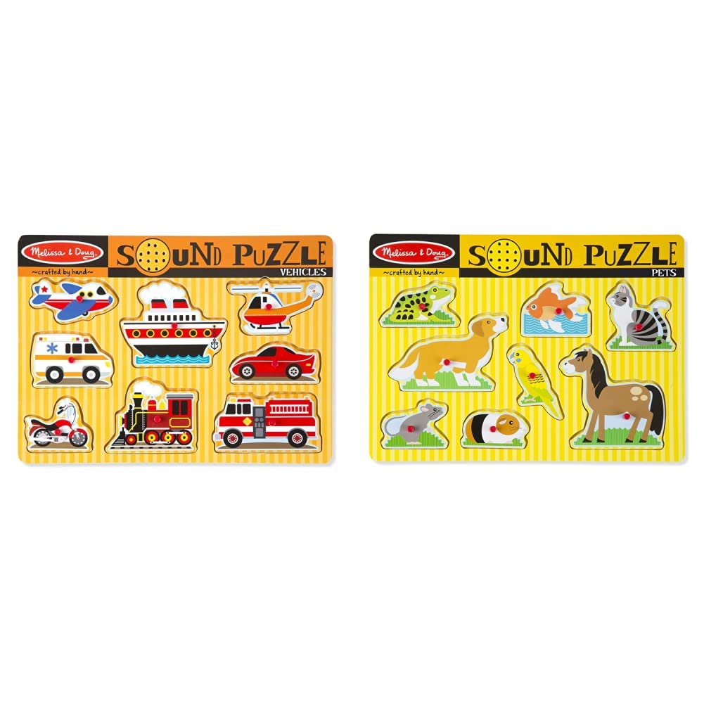 Melissa & Doug Vehicles and Pets Sound Puzzles Set - 2 Pack Wooden Peg Puzzles with Real Sound Effects for Kids (16 Pieces Total) - Perfect for Early Learning, Toddler Playtime and Preschool Education