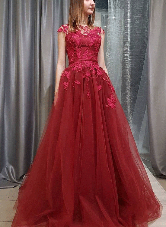Elegant Cap Sleeve Lace Illusion Red Tulle A-Line Long Evening Prom Dress 17641 | Formal Gown for Homecoming, Wedding Guest & Special Occasions