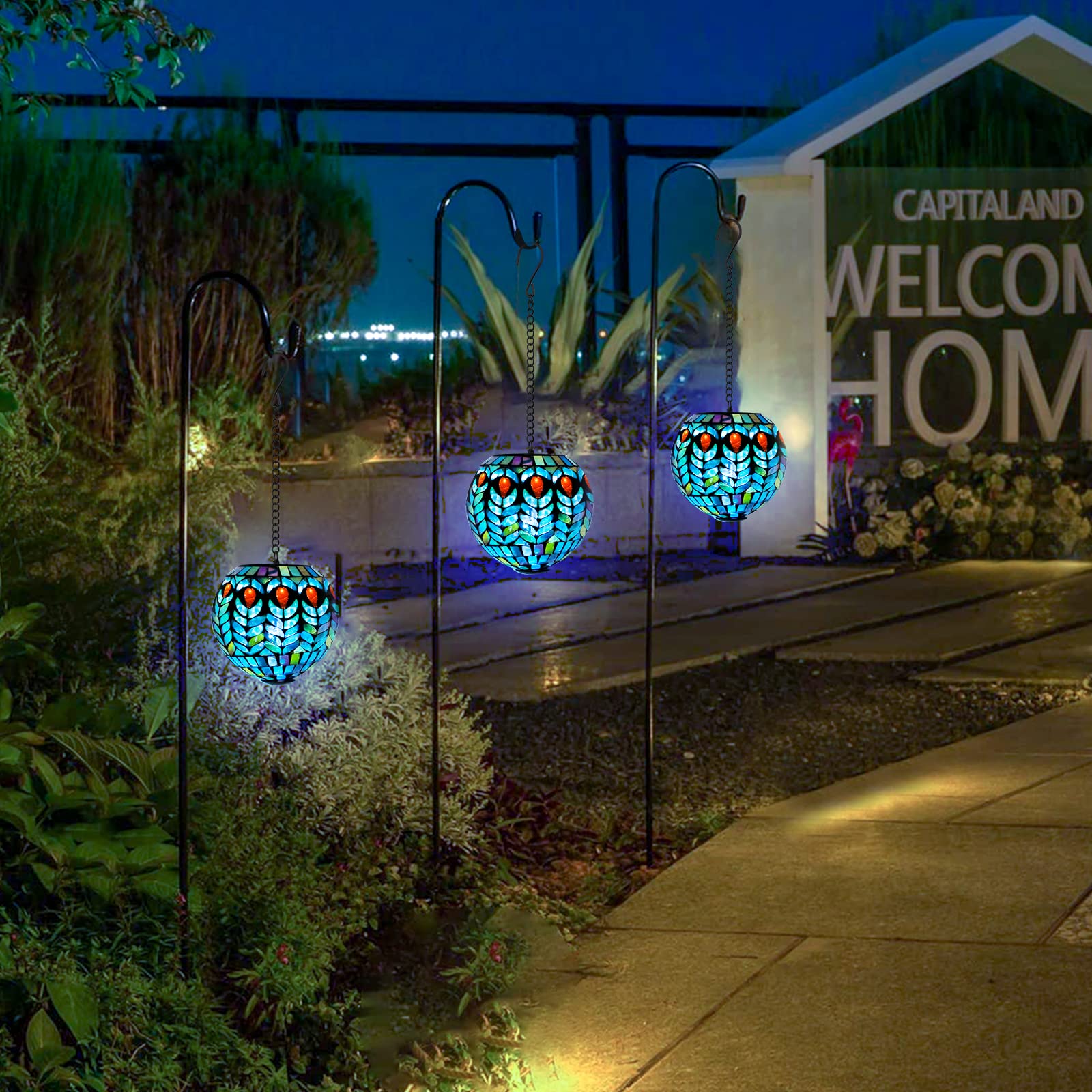 VCUTEKA Solar Hanging Lanterns - Waterproof Outdoor Mosaic Solar Lights with Hook for Garden, Yard, Patio, Fence & Tree Decor | Perfect for Backyard Parties, Wedding Decorations & Landscape Lighting