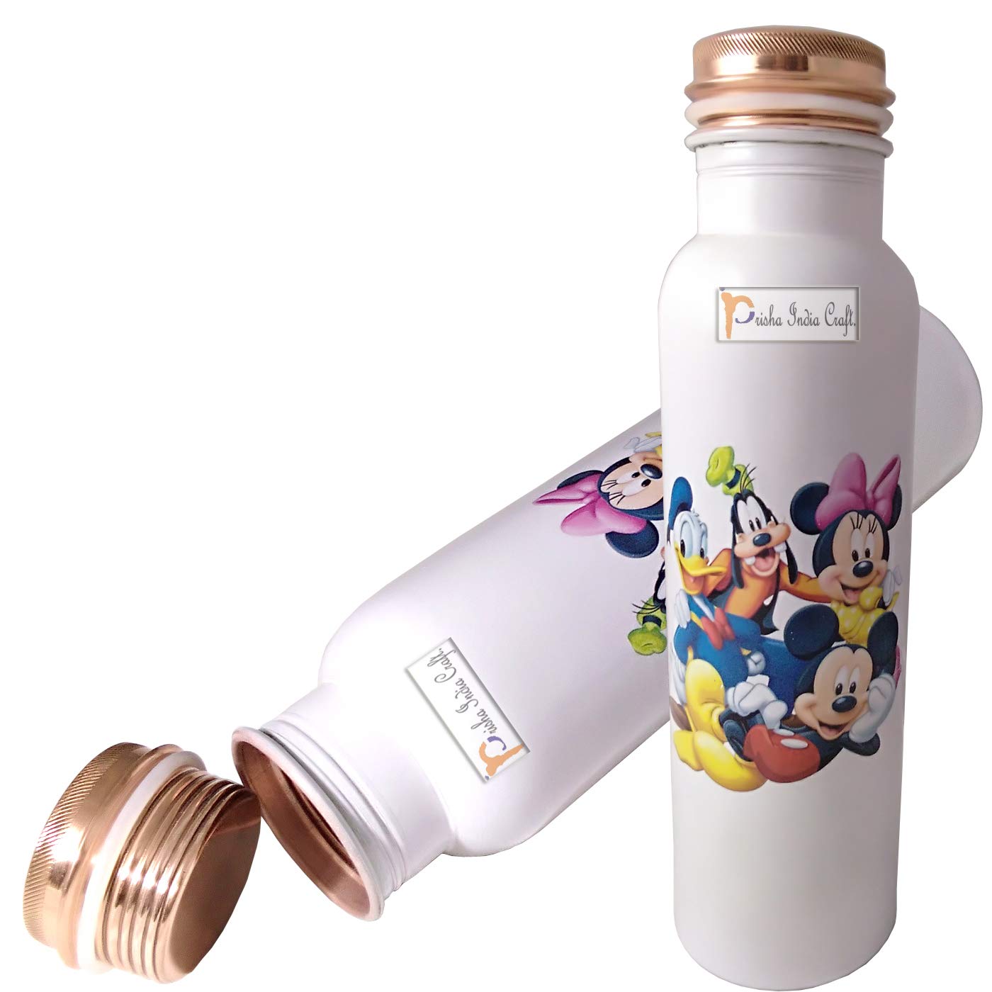 **Prisha India Craft Digital Printed Pure Copper Water Bottle for Kids - 1000ml (Set of 2) | Mickey Mouse & Donald Duck Design | School, Travel & Outdoor Hydration**