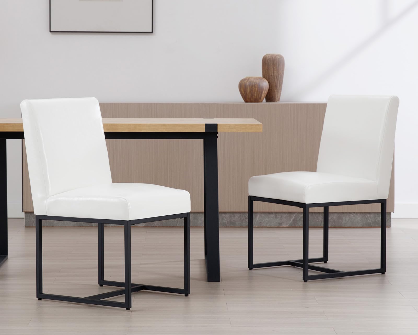 Modern PU Leather Kitchen Chairs Set of 2 - Comfortable Upholstered Dining Chairs with Black Metal Frame - White Contemporary Side Chairs for Kitchen, Dining Room, Breakfast Nook & Small Spaces