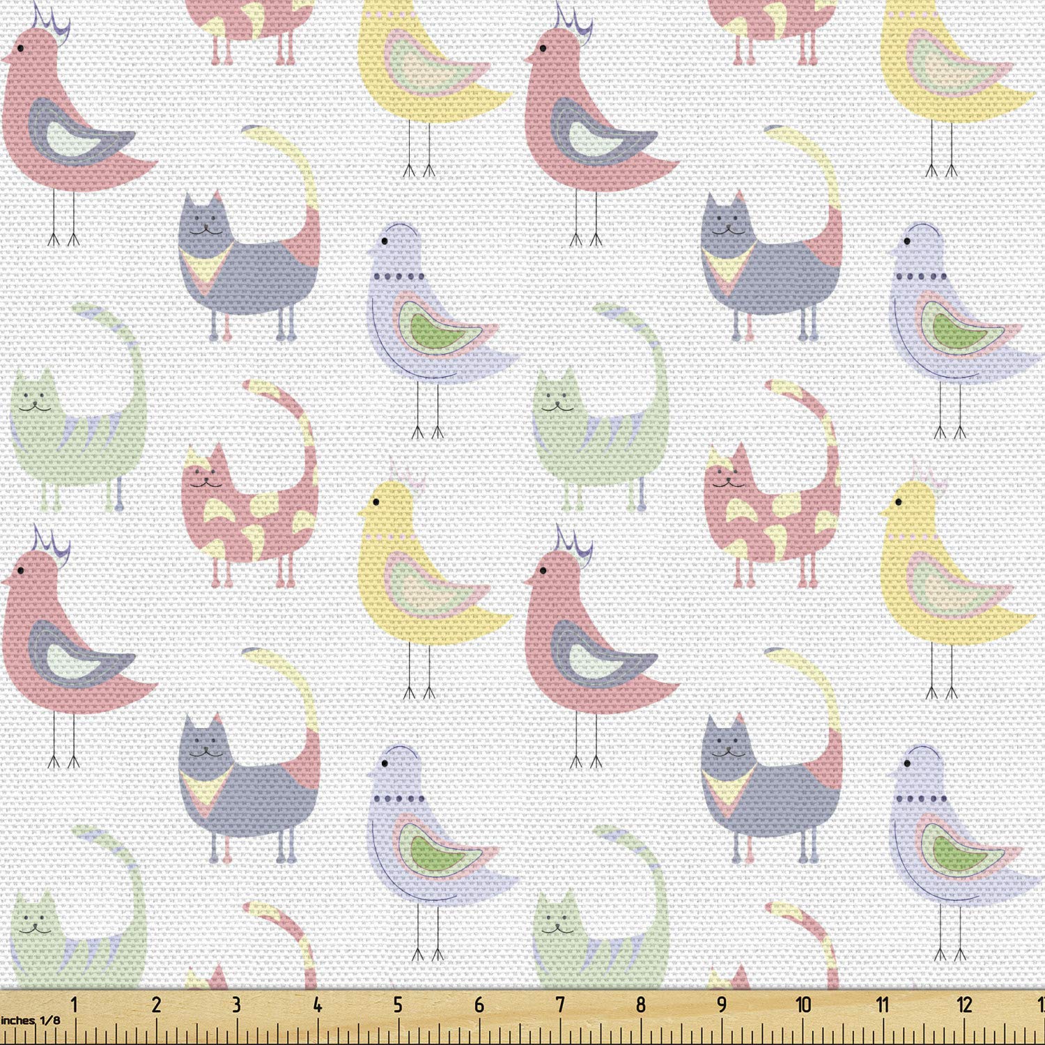Ambesonne Animal Print Fabric by The Yard - Pastel Cartoon Cats & Birds Pattern on White Backdrop, Decorative Upholstery Material for Sofa, Curtains, Pillows (5 Yards, White & Multicolor) | Perfect for Home Decor, DIY Crafts & Sewing Projects