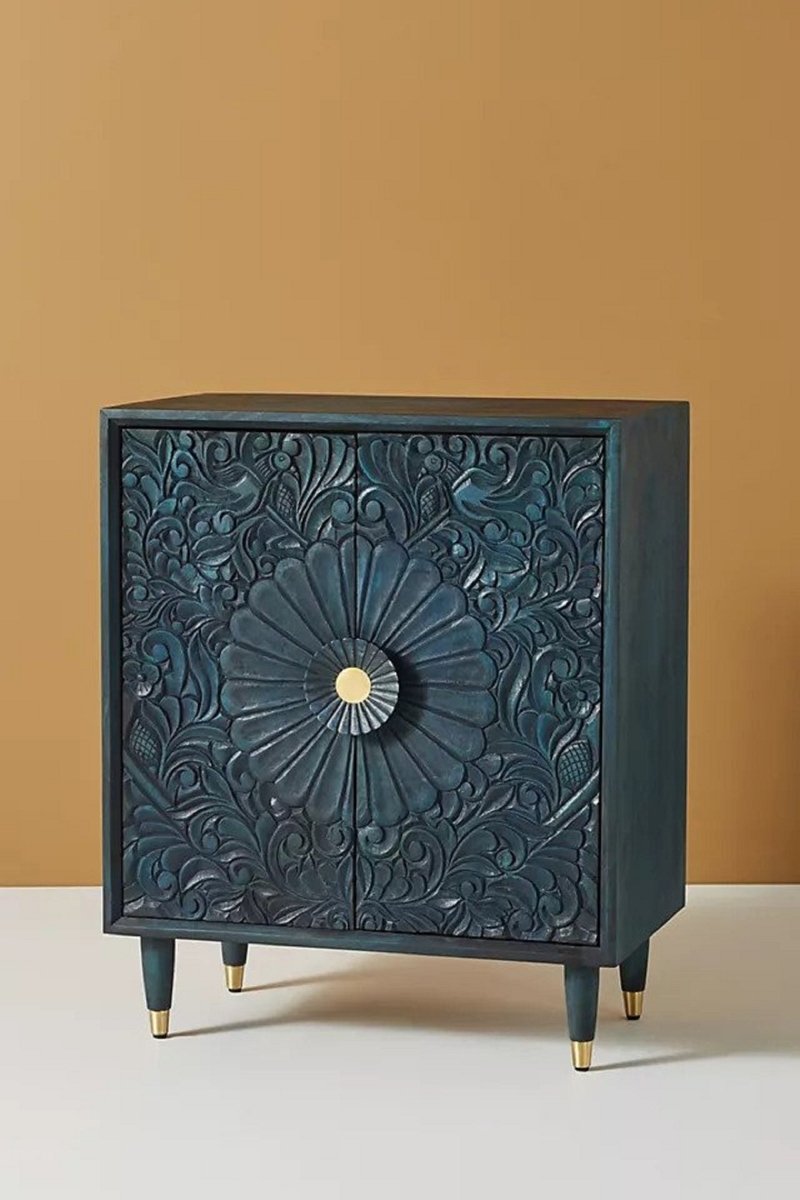 Hand Carved Gulliver Entryway Cabinet - Indigo Blue Solid Wood Storage Furniture for Hallway, Living Room & Bedroom Organization