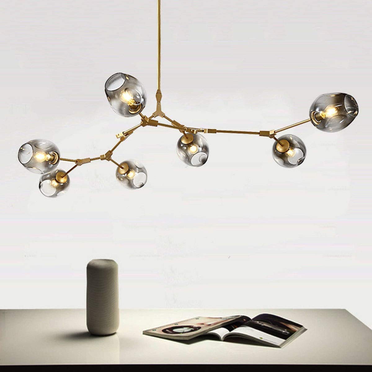 Modern 7-Light Gold Pendant Chandelier with Adjustable Grey Glass Shades - Flush Mount Ceiling Light Fixture for Hotel, Restaurant, Bar, Cafe & Home Lighting (Dining Room, Living Room, Bedroom, Corridor)
