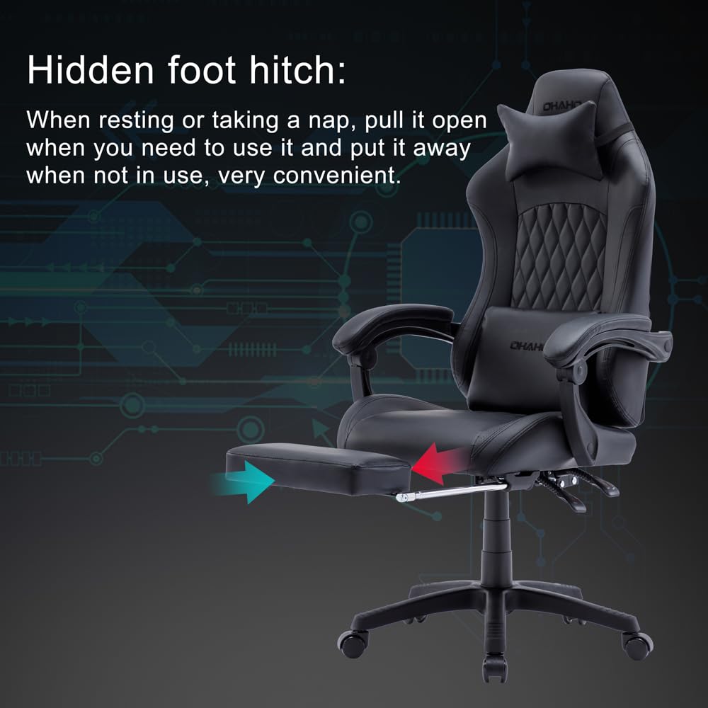 OHAHO Ergonomic Gaming Chair with Adjustable Lumbar Support & Footrest - 360° Swivel Height-Adjustable Office Computer Chair with Headrest for PC Gamers & Home Office (Black) - Perfect for Long Gaming Sessions & Remote Work Comfort