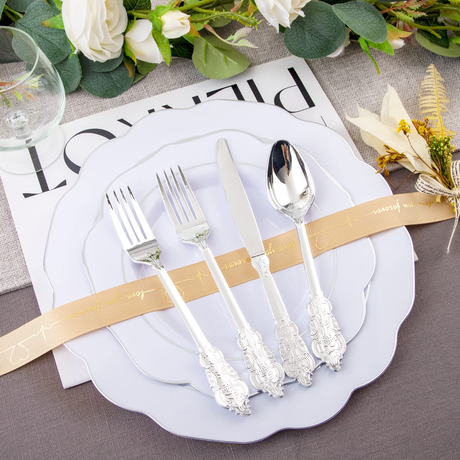 NOCCUR 175-Piece Silver Plastic Dinnerware Set - Elegant Silver Rim Plates & Utensils for Christmas, Weddings, Parties (25 Dinner Plates, 25 Dessert Plates, 25 Forks, 25 Knives, 25 Spoons) - Perfect for Holiday Gatherings, Catering Events & Special Occasions