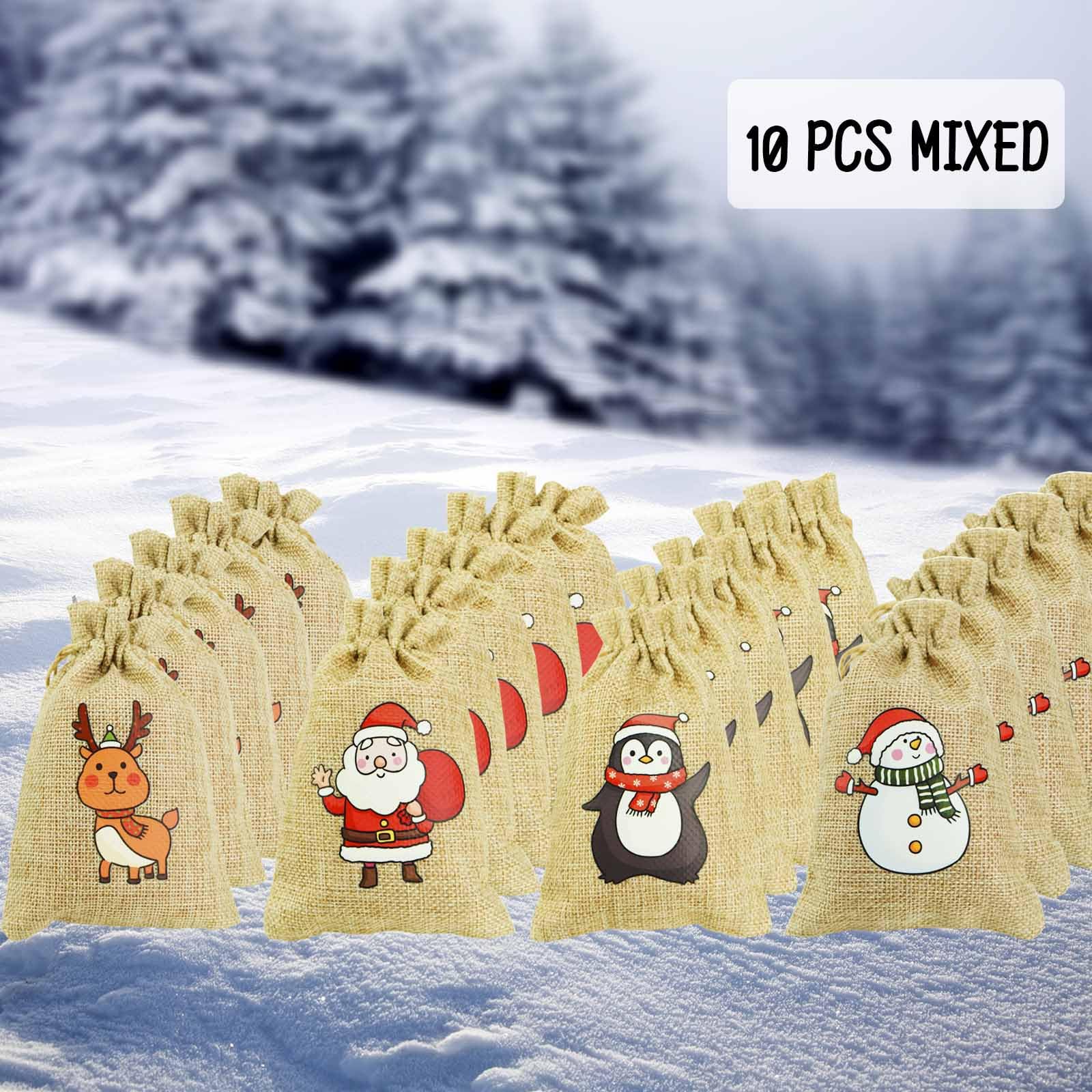 HappyLain 10PCS Christmas Linen Drawstring Bags - Mixed Holiday Gift Bags with Jute Strings (Snowman, Santa, Penguin & Elk Designs) - Perfect for Party Favors, Holiday Treats & Festive Gift Wrapping