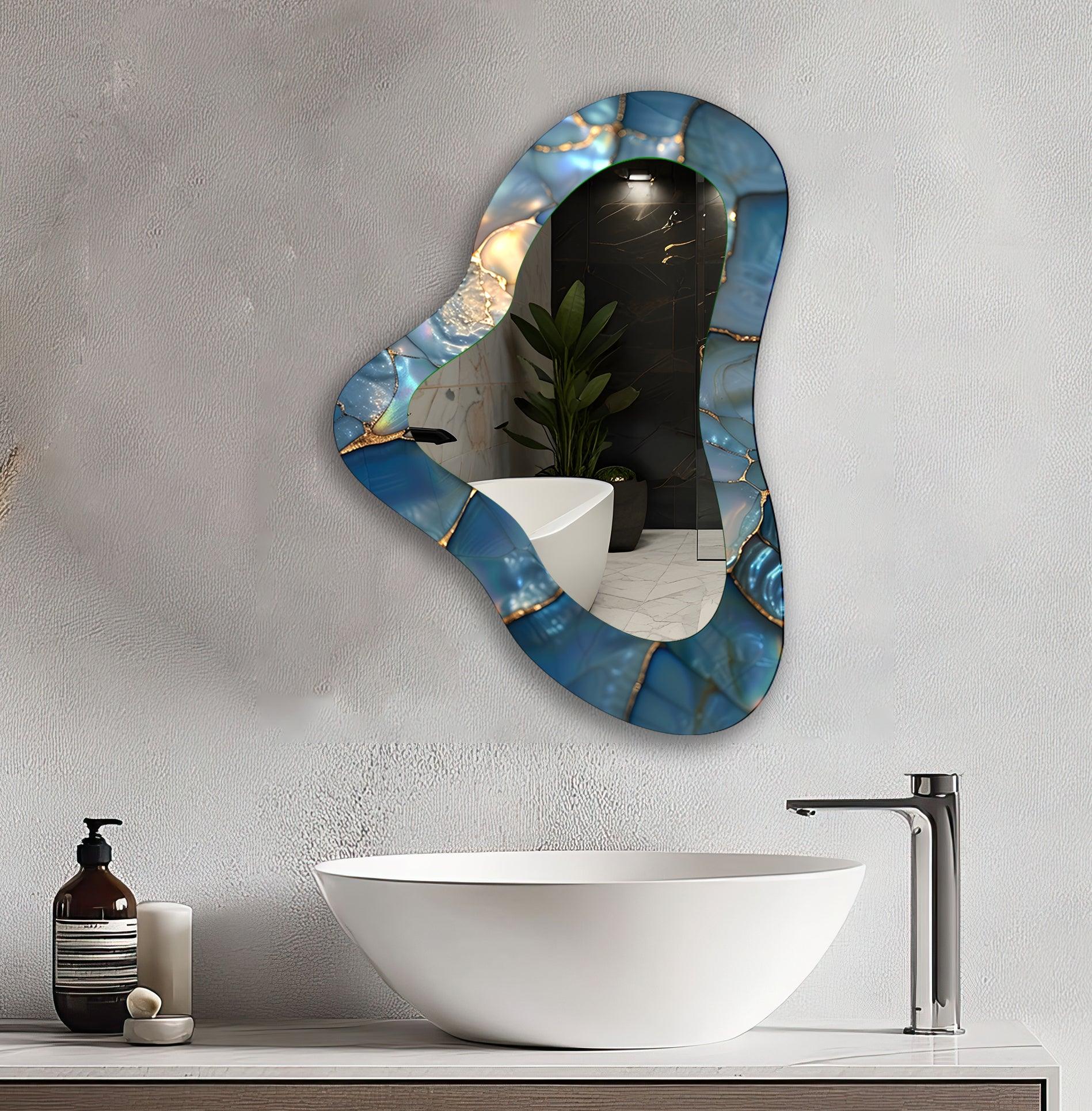 Blue Irregular Glass Wall Mirror - Modern Decorative Mirror for Living Room, Bedroom, Entryway - Unique Handcrafted Home Decor