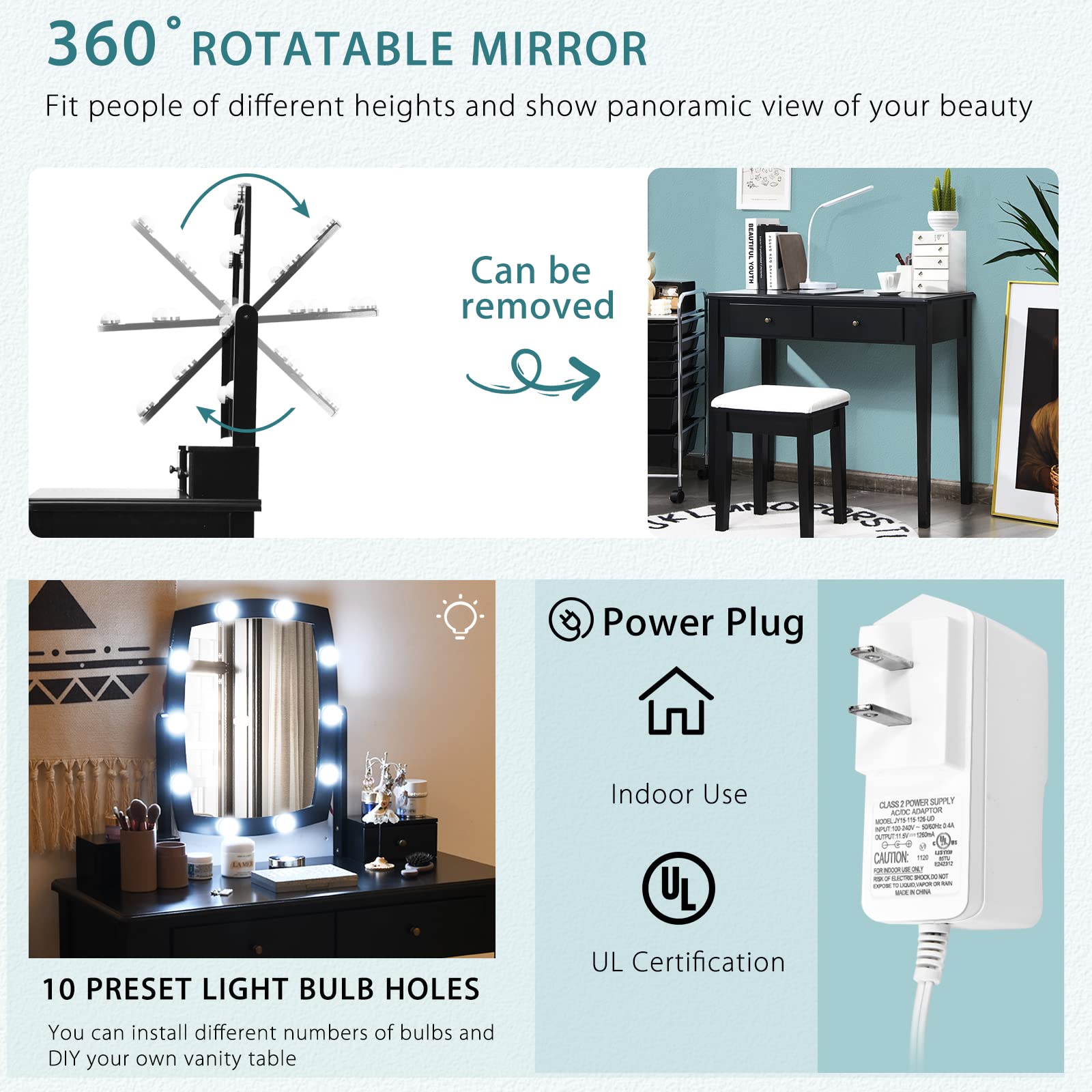 Charmaid Girls Makeup Vanity Desk with LED Mirror Lights - 10 Bulbs, 3 Lighting Modes, 4 Storage Drawers & Stool - Modern Dressing Table for Bedroom, Teen Room & Beauty Salon (Black)