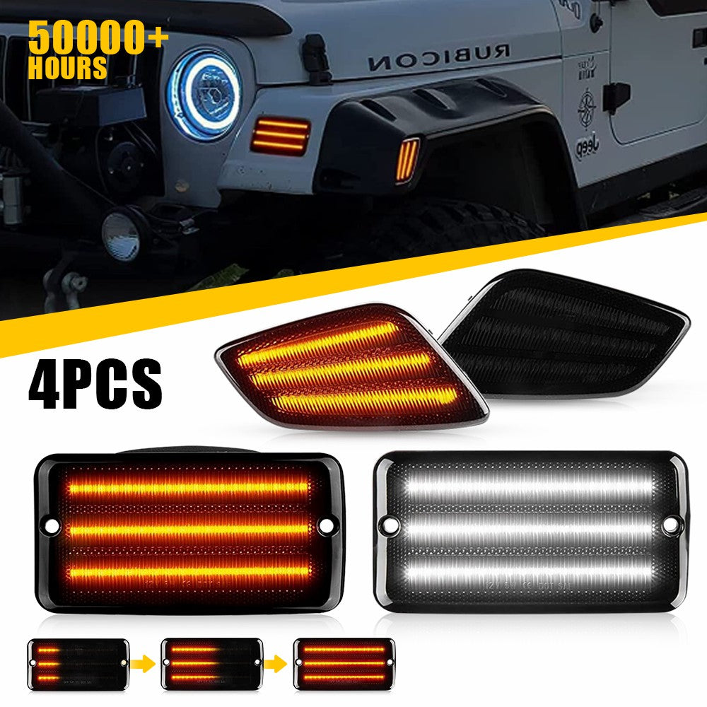 1997-2006 Jeep Wrangler TJ LED Front Bumper Turn Signal & Side Marker Lights - Smoke Lens - Off-Road & Night Driving Safety Upgrade