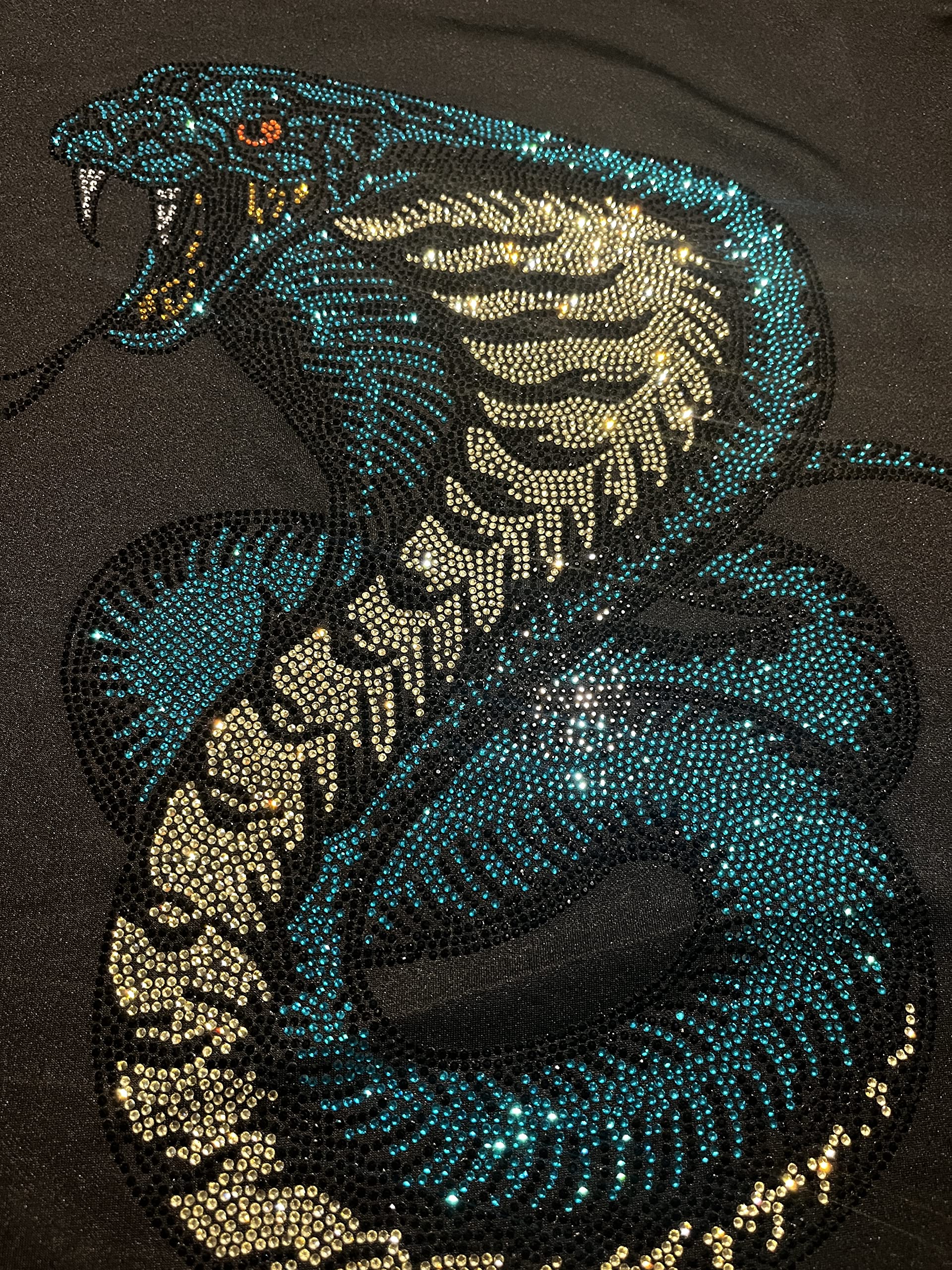 Big Snake Iron-on Rhinestones Heat Transfer Patch - Cobra Applique with Hot Fix Crystals in Yellow, Turquoise & Black - Perfect for Jackets, Jeans & Bags DIY Embellishment